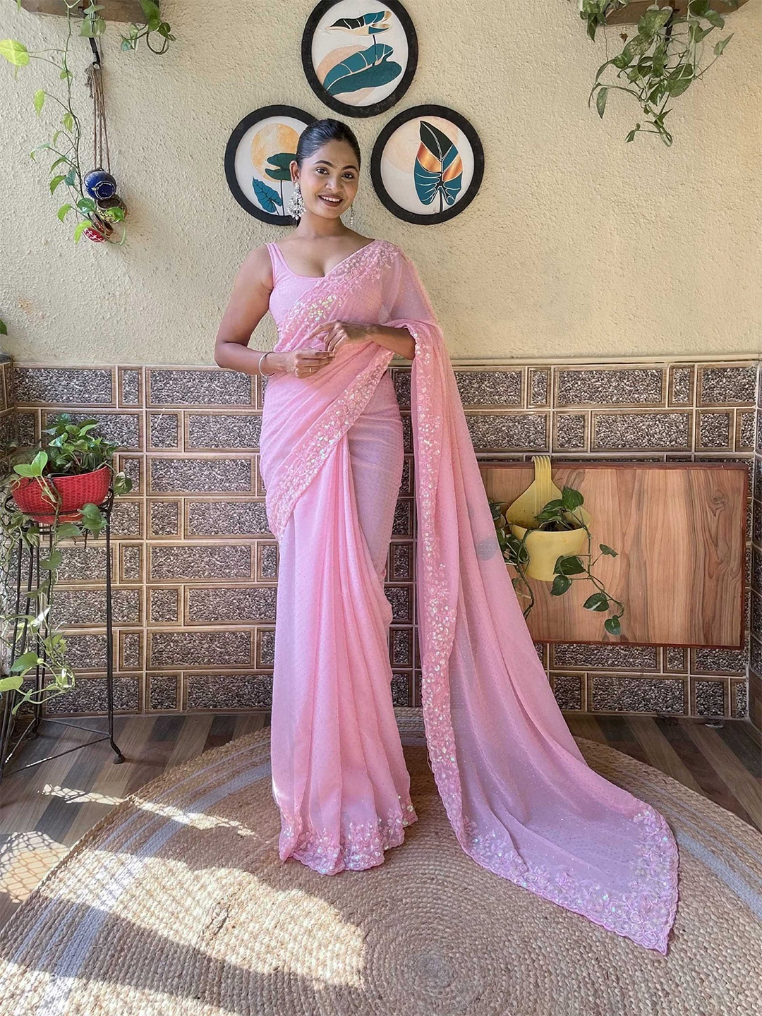 

Mitera Floral Sequinned Saree, Pink