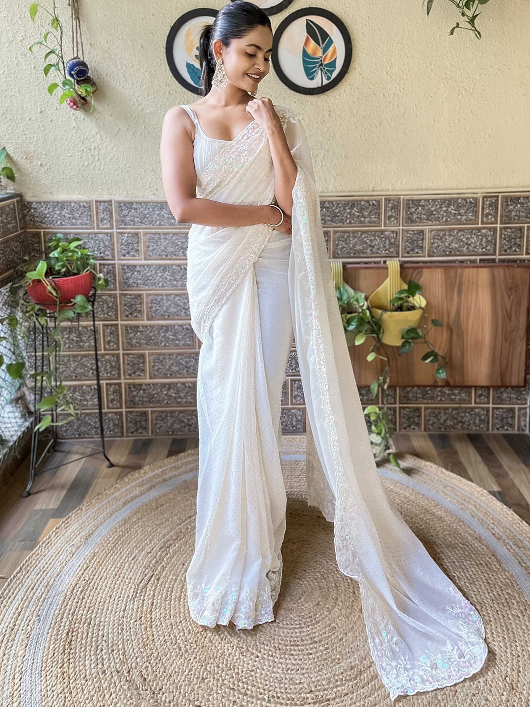 Mitera Floral Sequinned Poly Georgette Saree, White