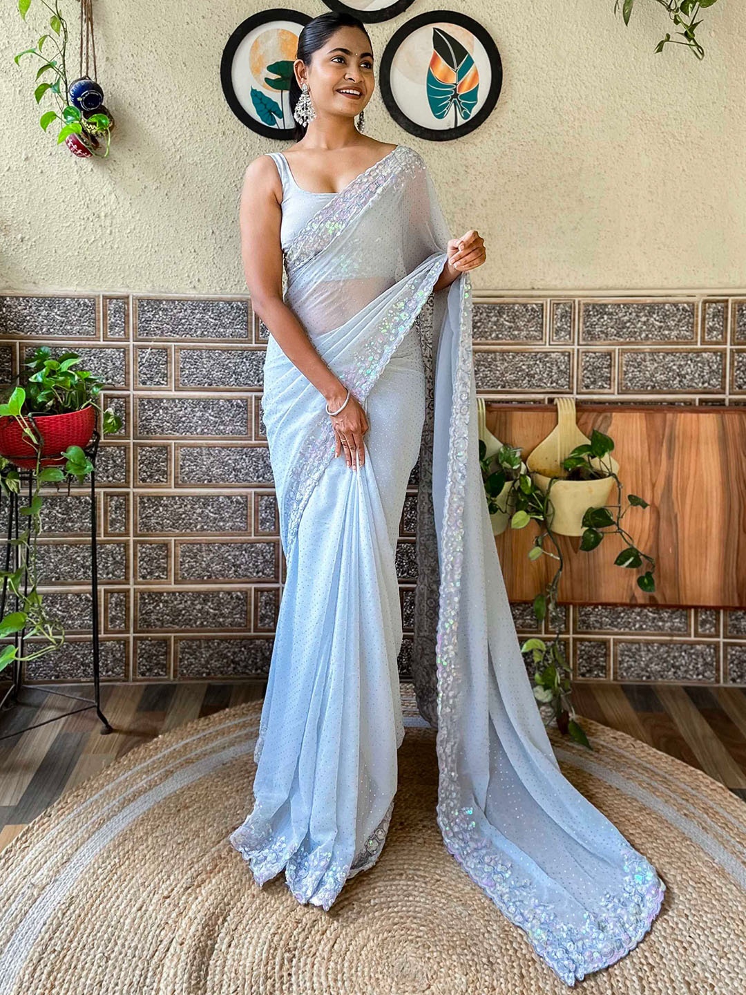 

Mitera Floral Sequinned Saree, Grey