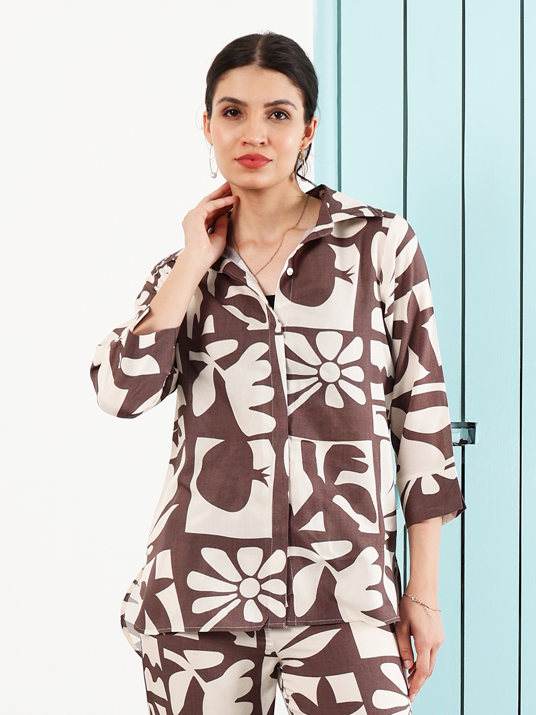 

Boho By Athena Abstract Printed Spread Collar Shirt, Brown