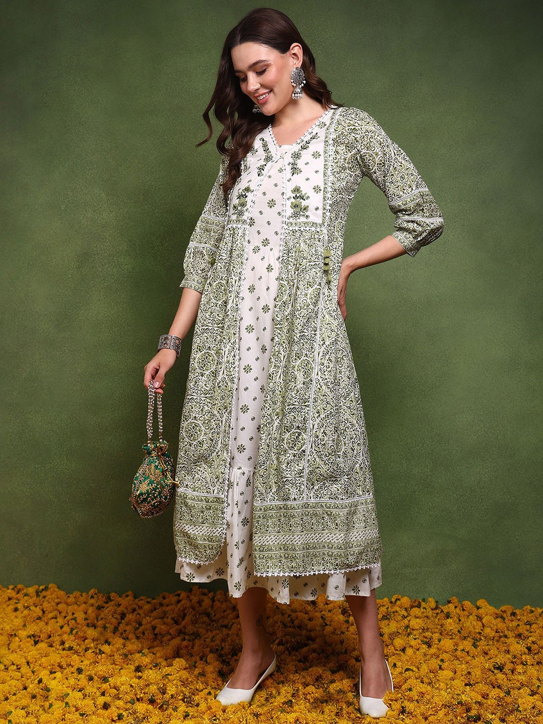 

AHIKA White Ethnic Motifs Print A-Line Midi Dress