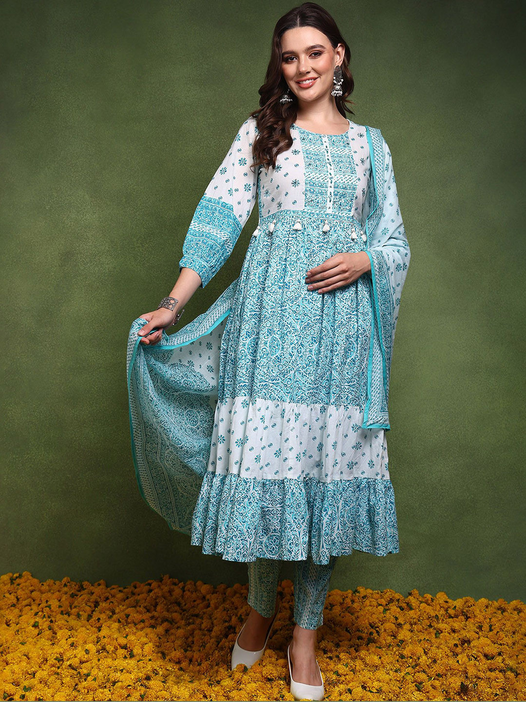 

AHIKA Ethnic Motifs Printed Tiered Pure Cotton Kurta With Trousers & Dupatta, Blue