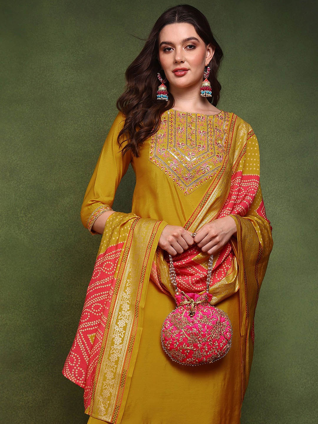 

AHIKA Floral Embroidered Regular Kurta With Trousers & Dupatta, Mustard