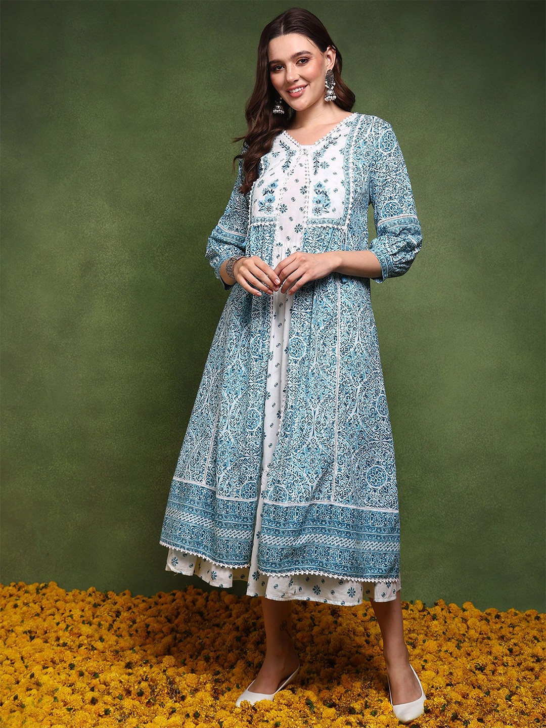 

AHIKA White Ethnic Motifs Print A-Line Dress