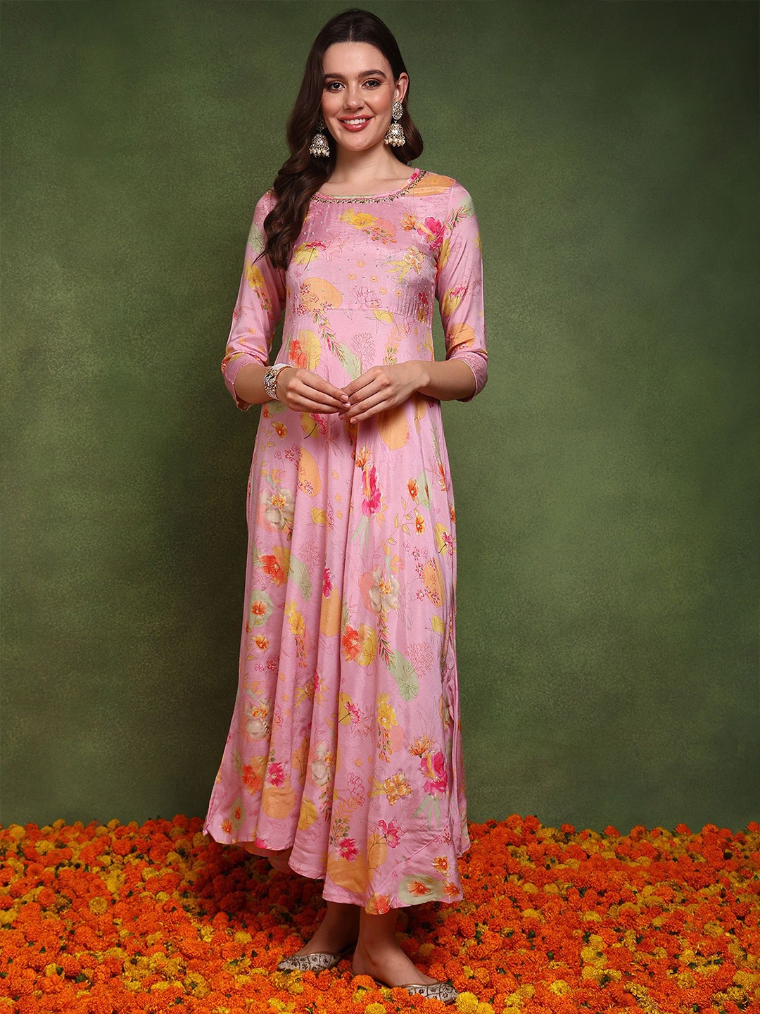 

AHIKA Pink Floral Printed Ethnic Silk Maxi Dress with Longline Shrug