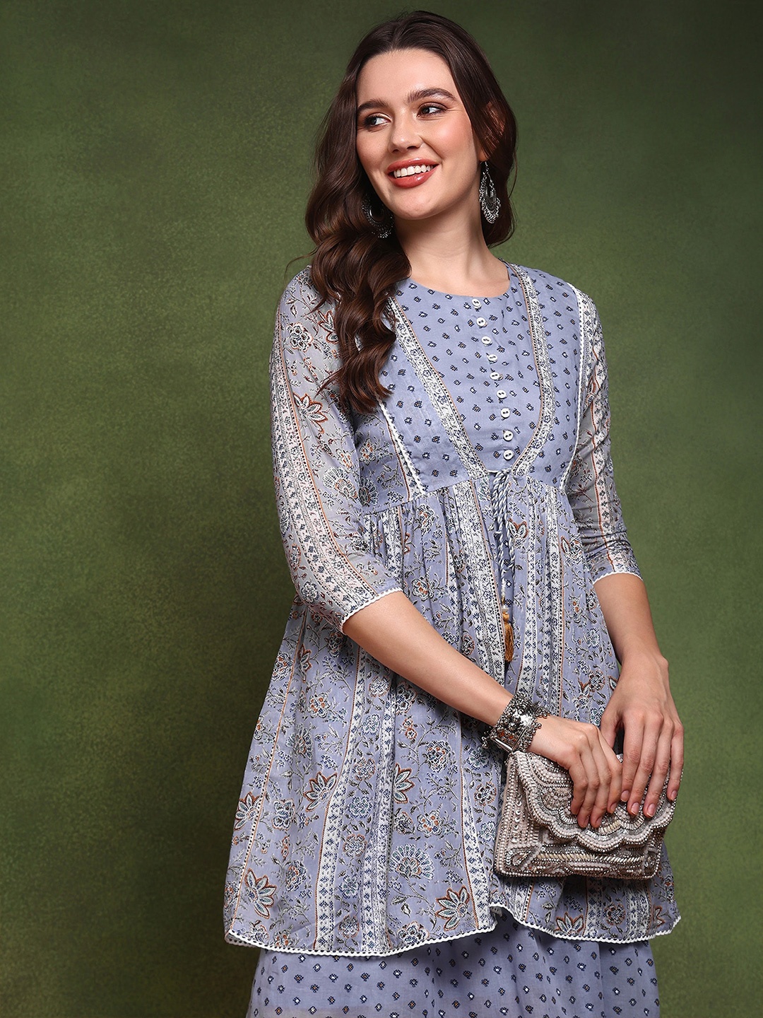 

AHIKA Blue Floral Print A-Line Dress