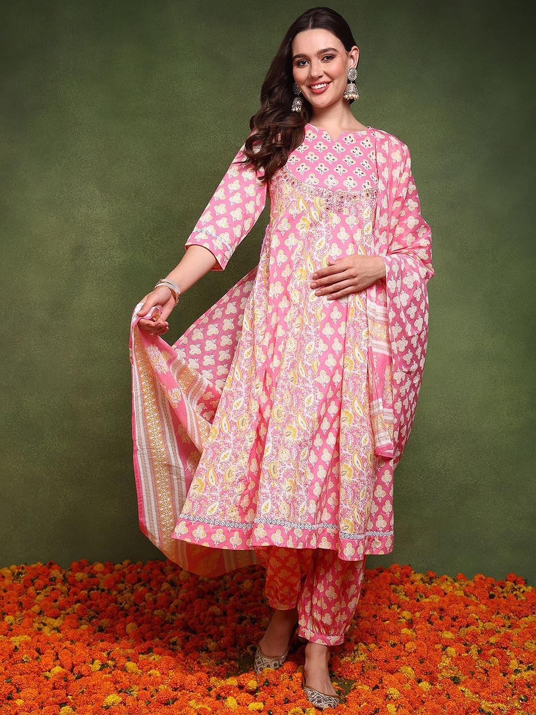

AHIKA Ethnic Motifs Embroidered Empire Pure Cotton Kurta With Salwar & Dupatta, Pink