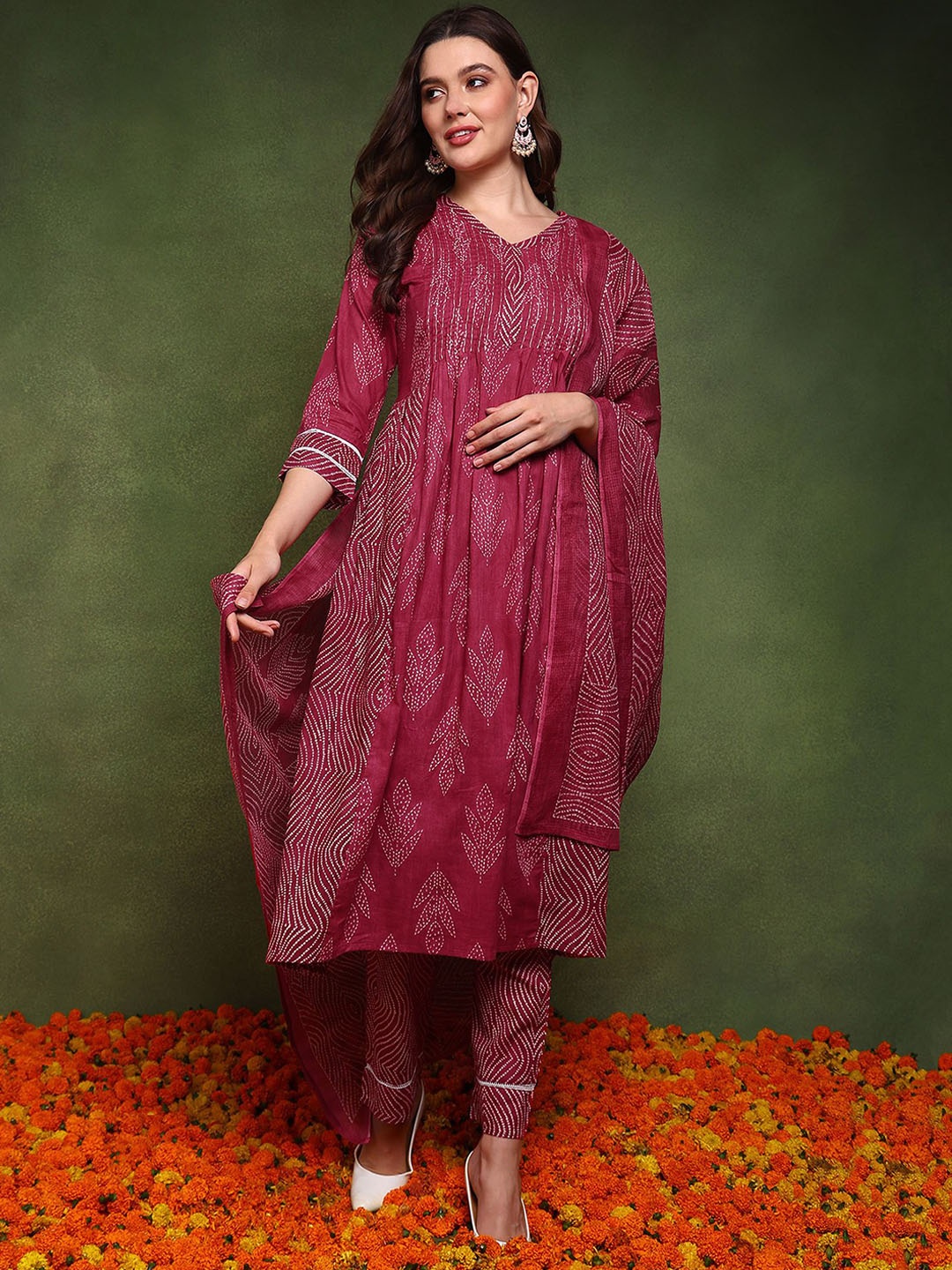 

AHIKA Bandhani Printed Empire Pure Cotton Kurta With Trousers & Dupatta, Pink