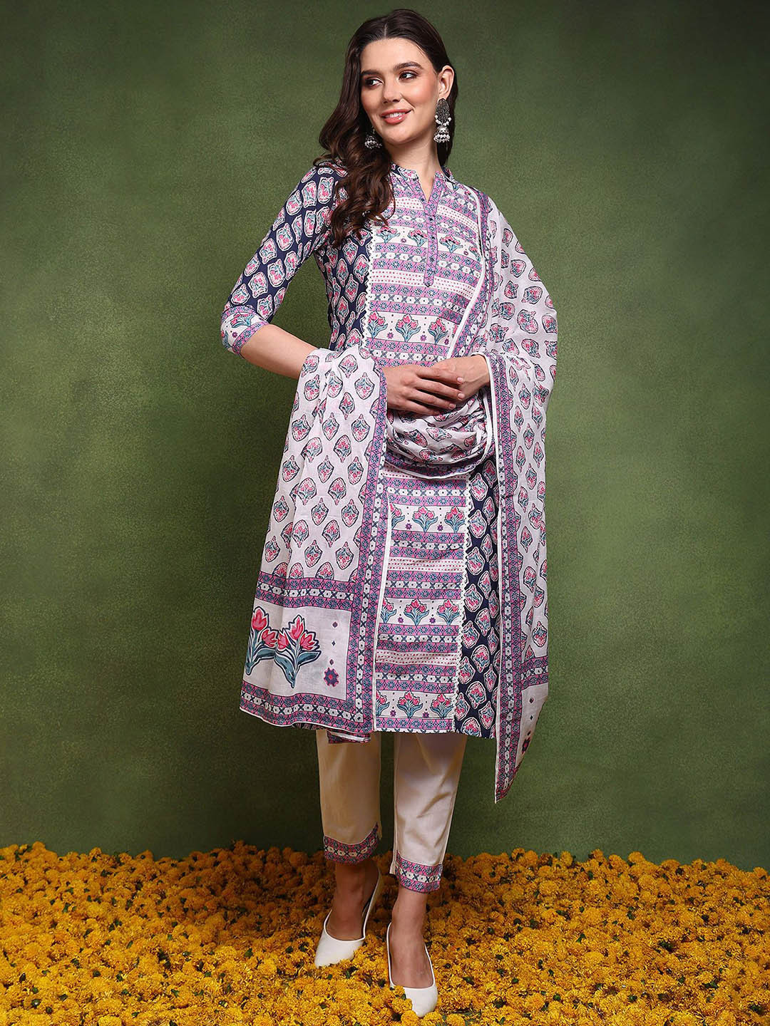 

AHIKA Ethnic Motifs Printed Panelled Pure Cotton Kurta With Trousers & Dupatta, White