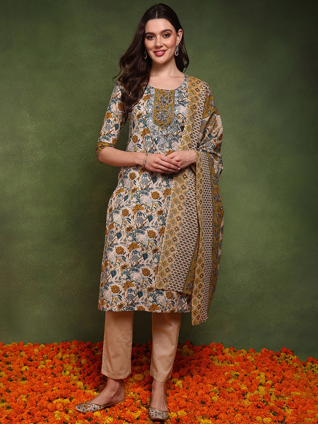 

AHIKA Floral Printed Straight Pure Cotton Kurta With Trousers & Dupatta, Cream