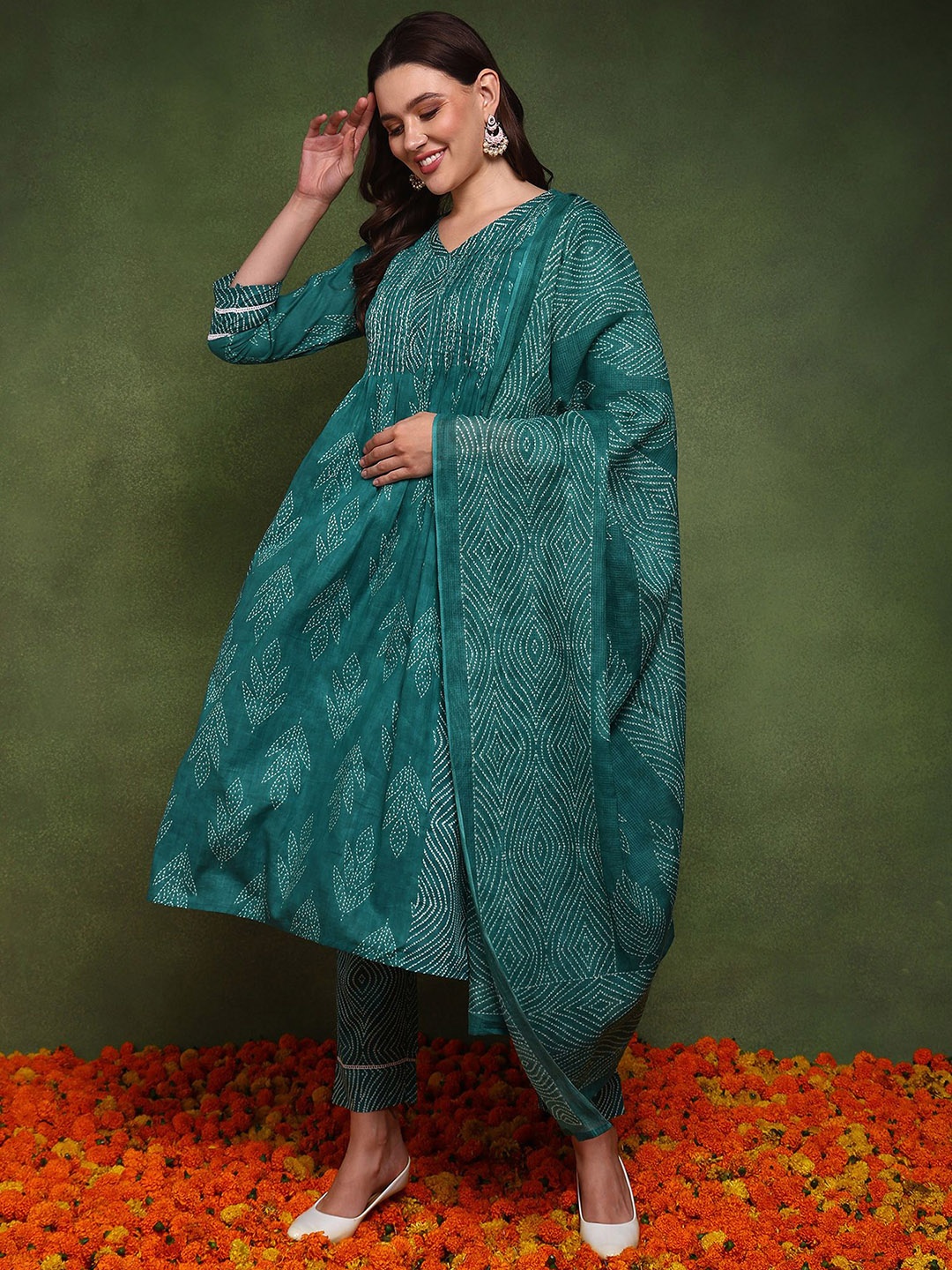 

AHIKA Bandhani Printed Empire Pure Cotton Kurta with Trouser & Dupatta, Teal