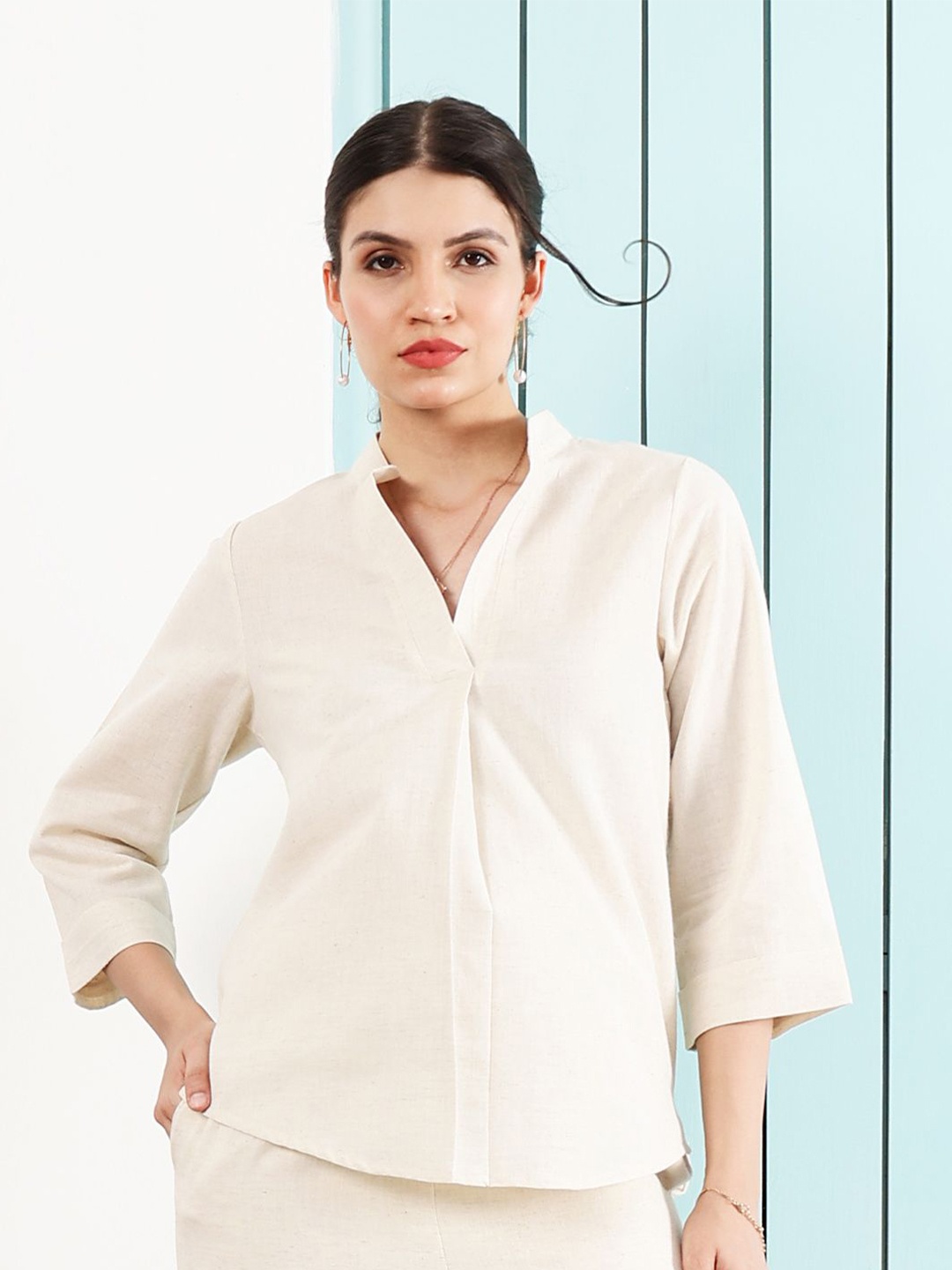 

Athena Immutable Mandarin Collar Asymmetrical Cotton Shirt Style Top, Off white