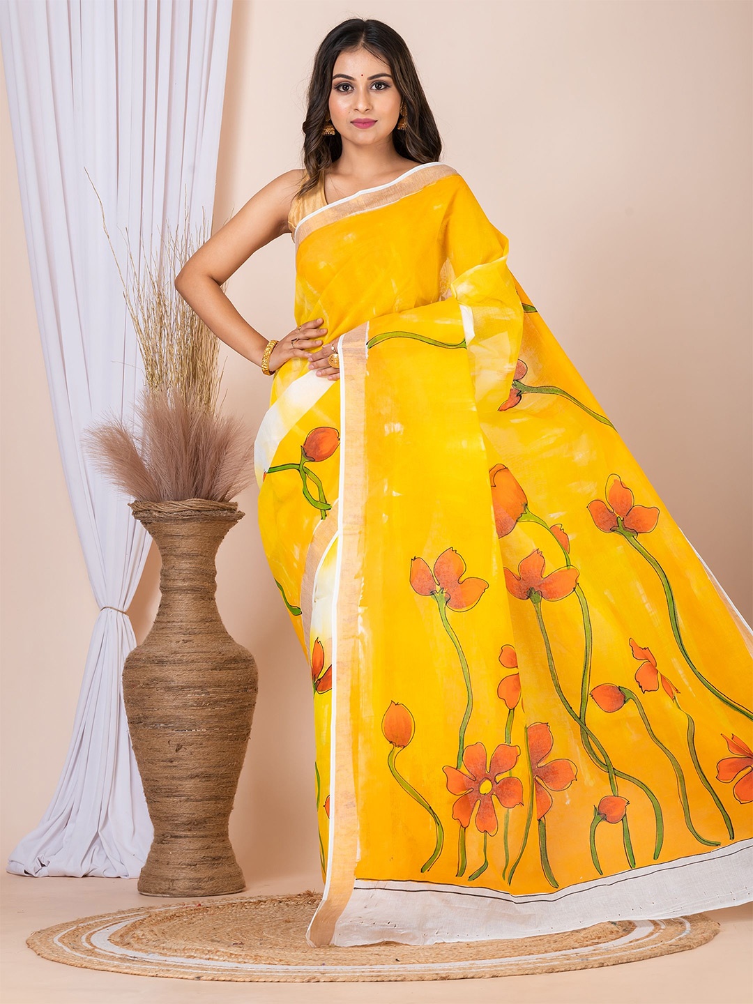 

Laa Calcutta Floral Hand Painted Pure Cotton Saree, Yellow