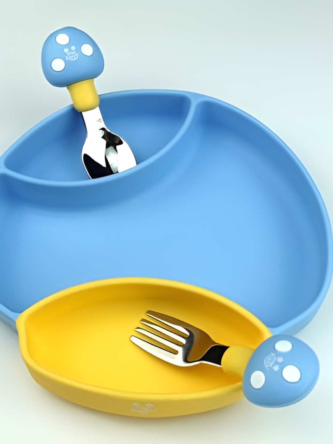 

Starkiddo Blue & Yellow Mushroom Suction Silicone Plate With Spoon & Fork