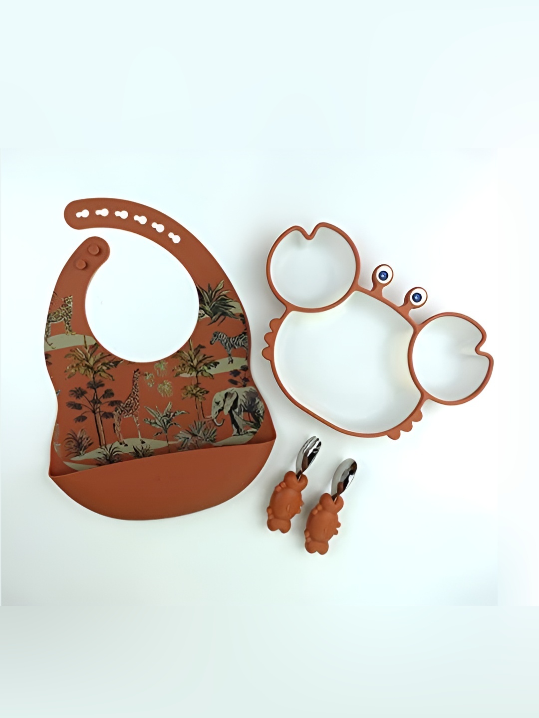 

Starkiddo Brown Crab-Shape Plate With Bibs Spoon & Fork