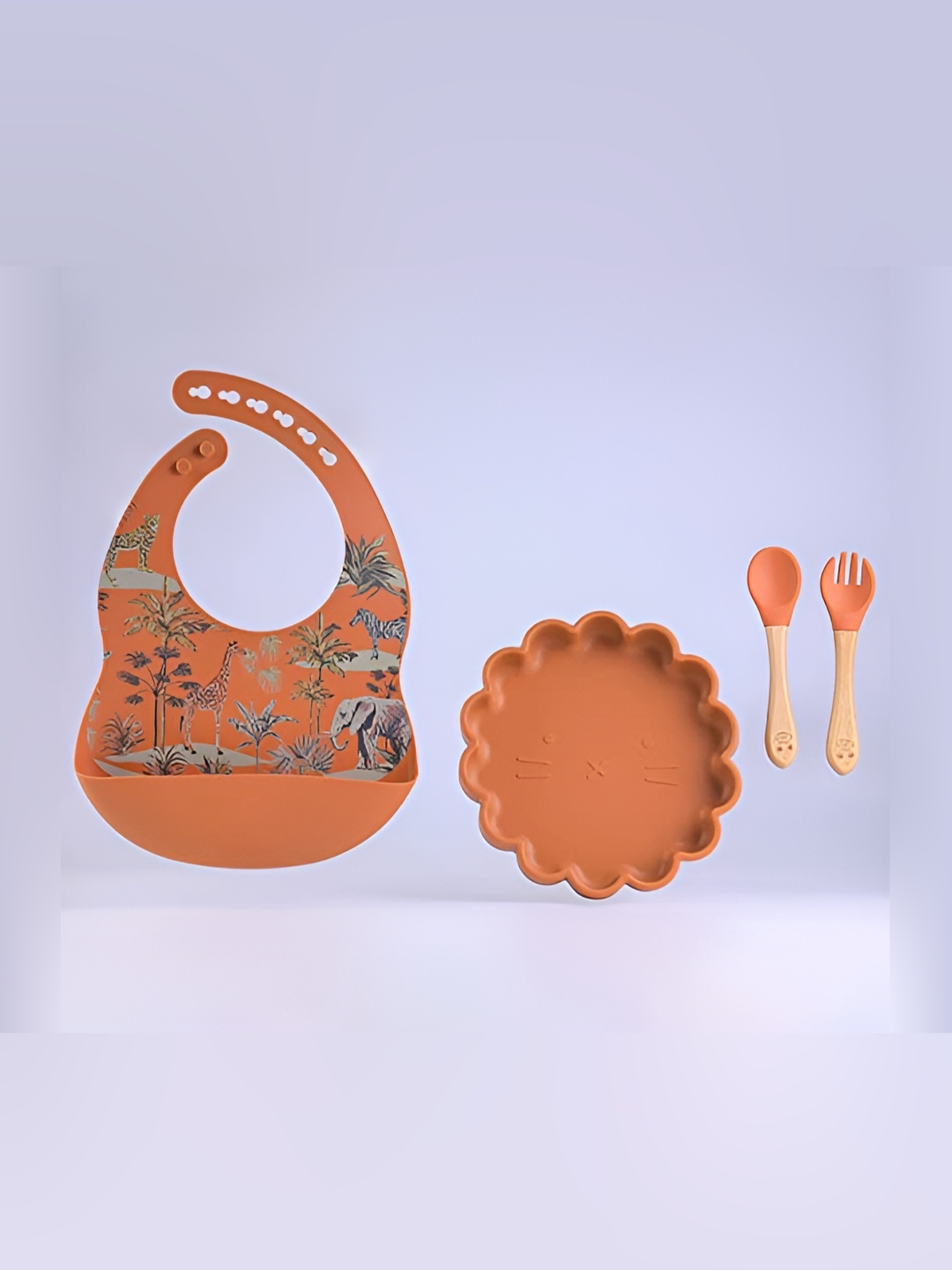 

Starkiddo Brown Round Plate With Bibs Spoon & Fork