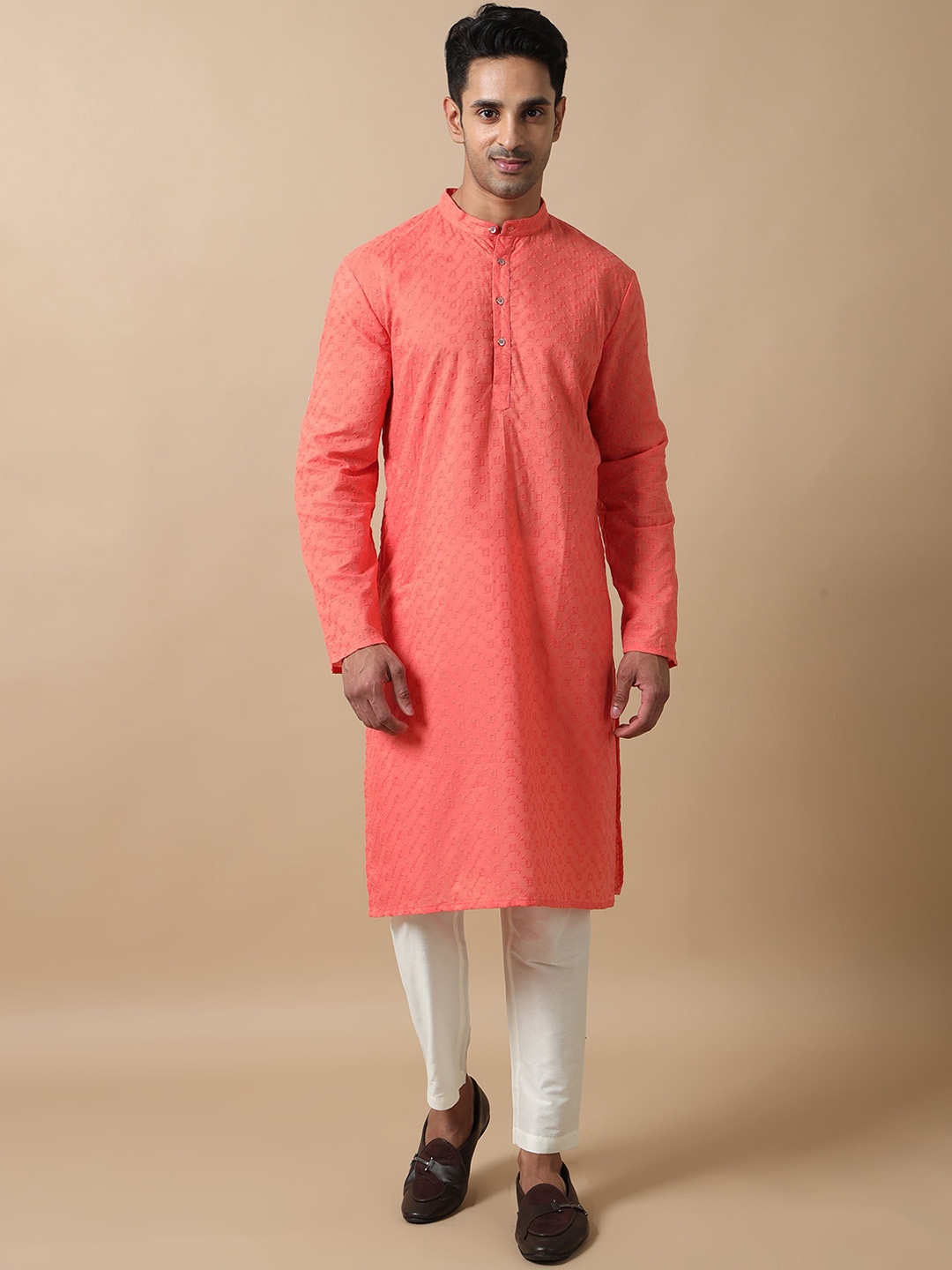 

FILORI Chikankari Thread Work Pure Cotton Straight Kurta, Coral