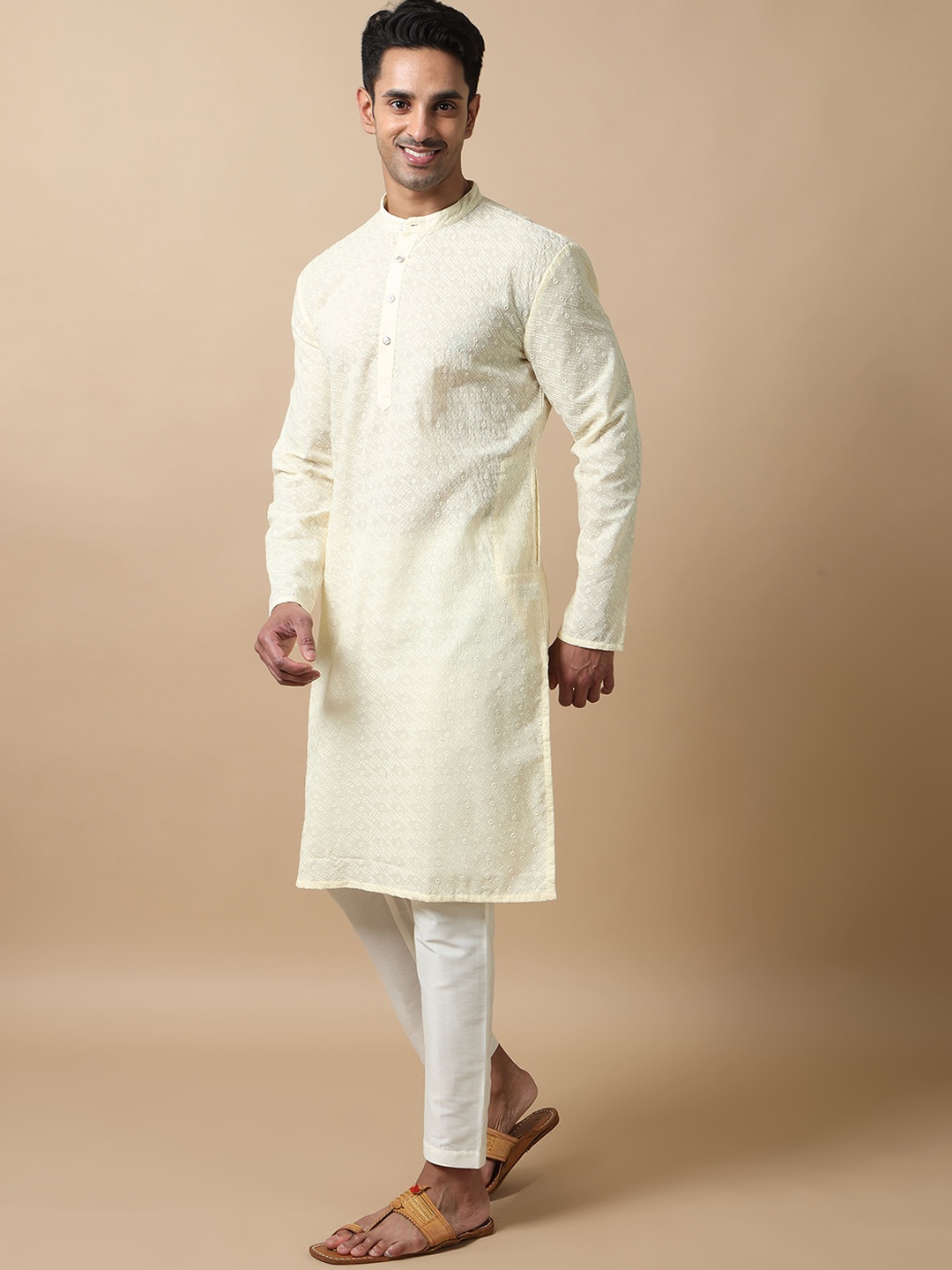 

FILORI Embroidered Mandarin Collar Cotton Straight Kurta, Cream