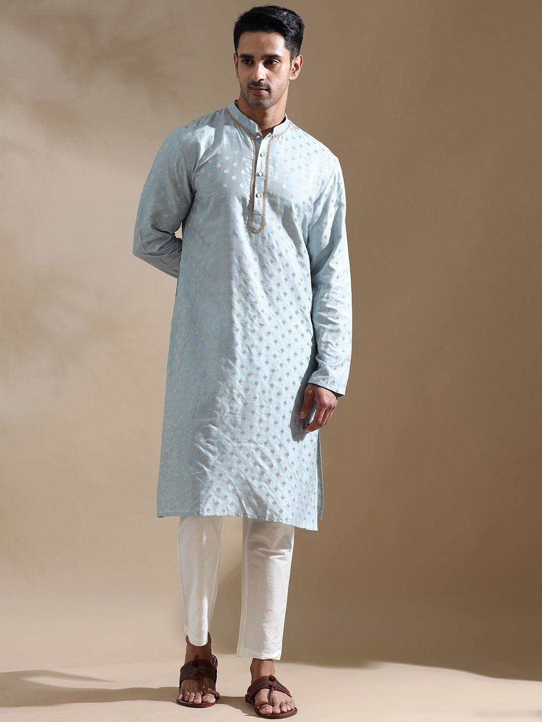 

FILORI Ethnic Motifs Woven Design Thread Work Chanderi Cotton Jacquard Straight Kurta, Blue