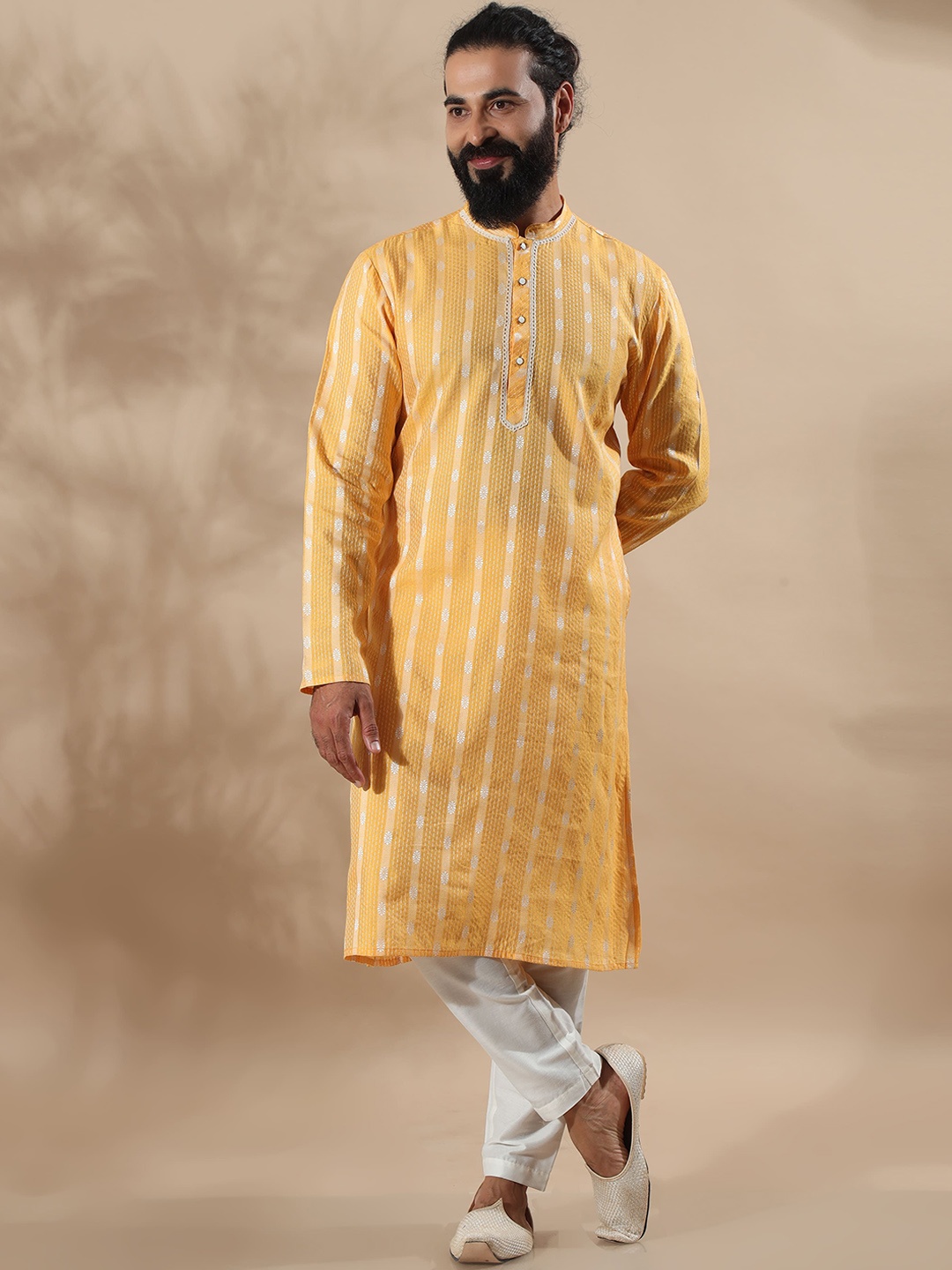 

FILORI Floral Woven Design Thread Work Jacquard Chanderi Cotton Straight Kurta, Yellow