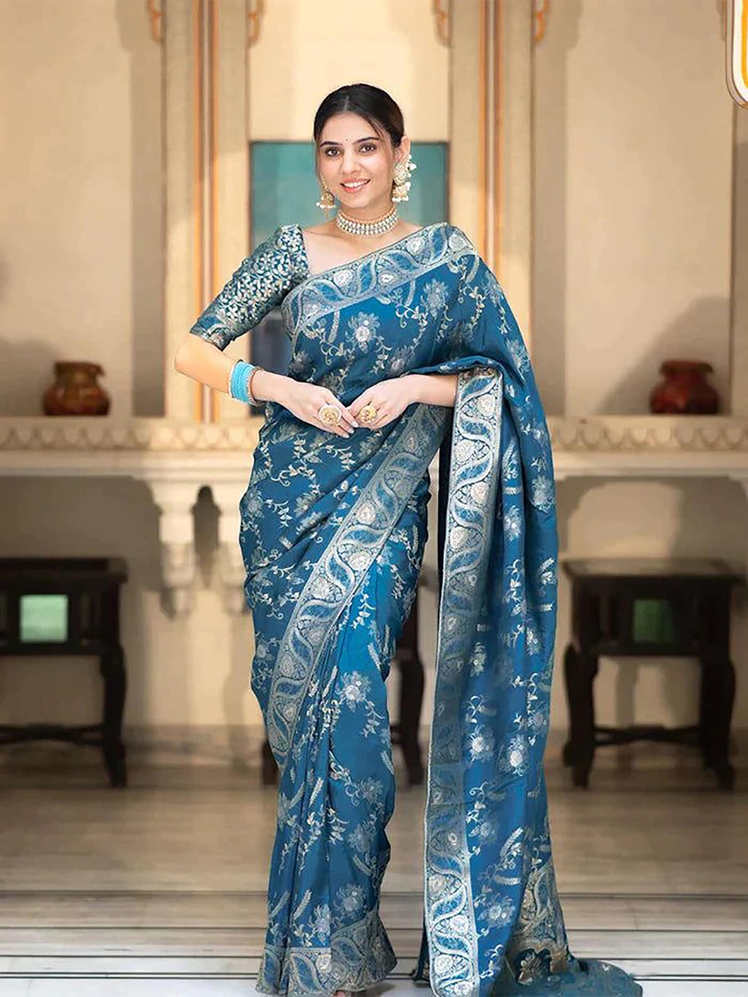 

Aldwych Ethnic Motifs Zari Designer Banarasi Saree, Blue