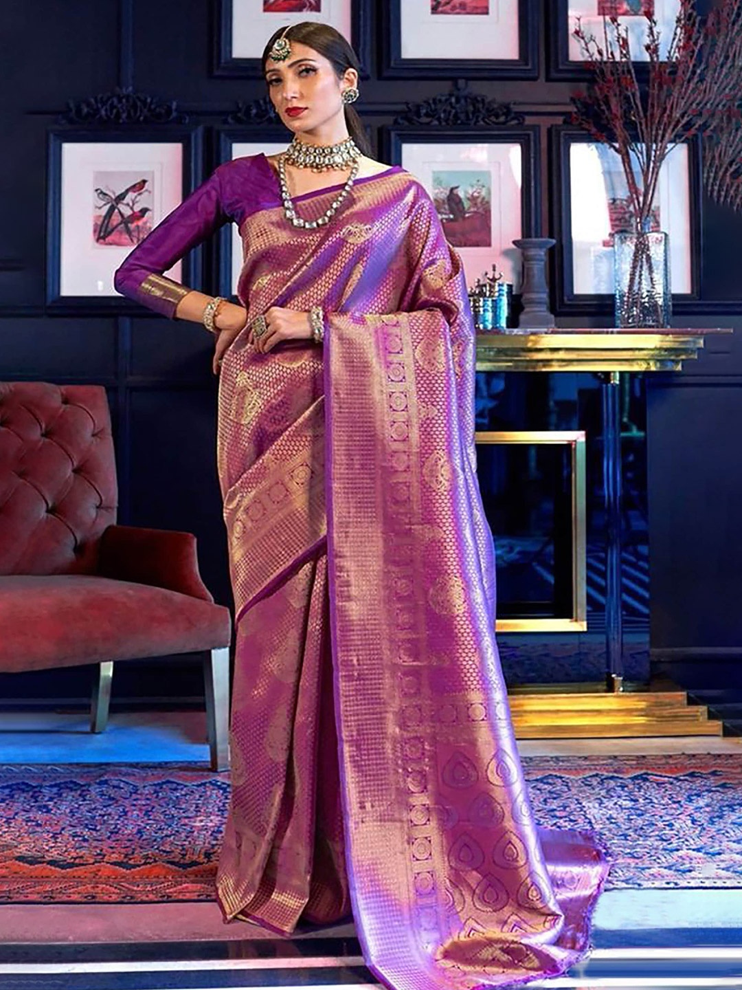 

Aldwych Woven Design Zari Banarasi Saree, Purple