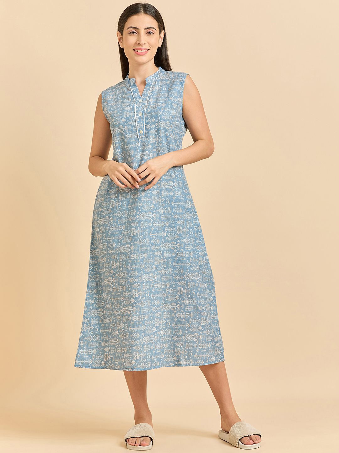 

Sweet Dreams Printed Mandarin Collar Pure Cotton Nightdress, Blue