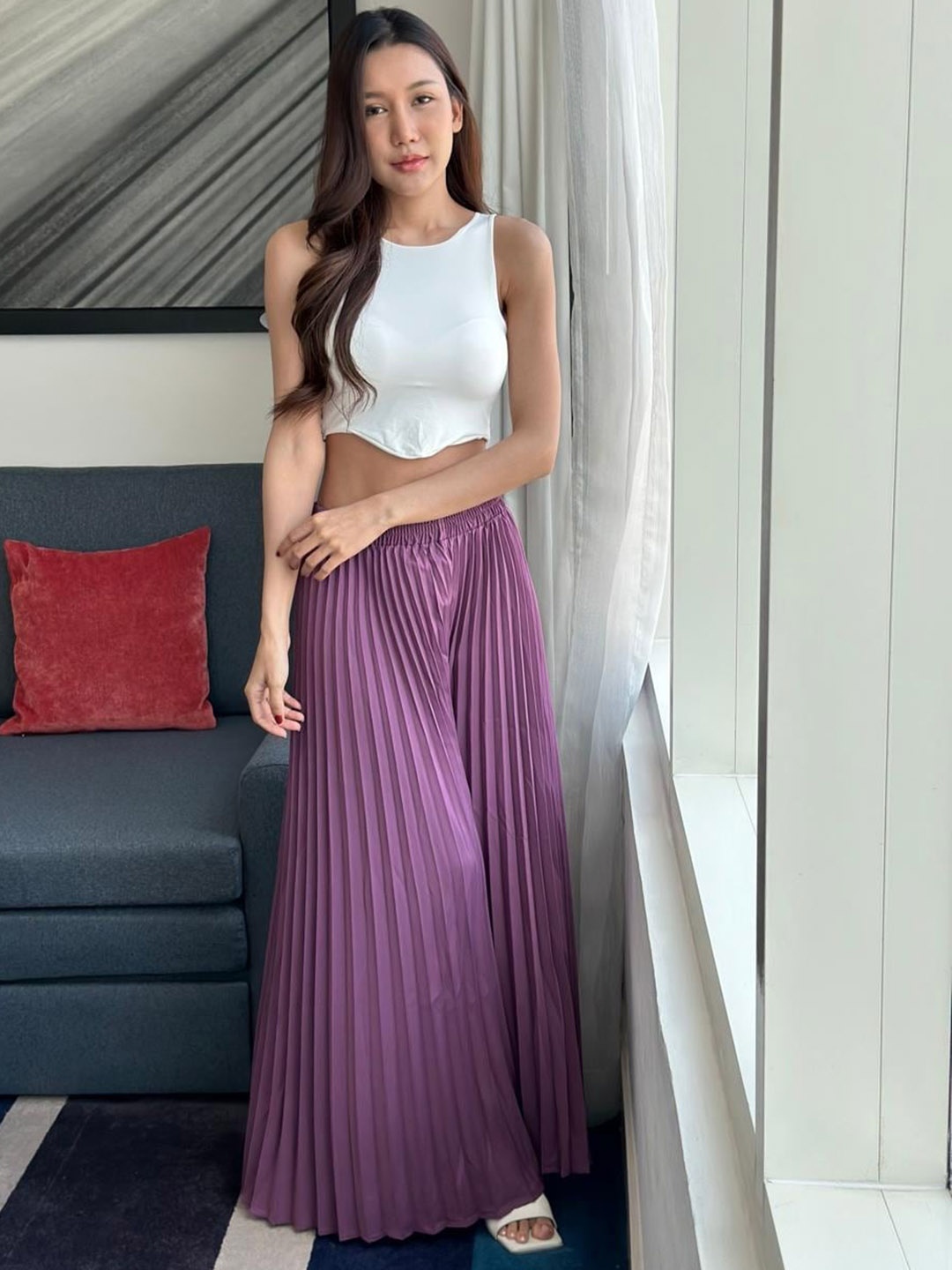 

StyleAsh Women Flared High-Rise Wrinkle Free Pleated Parallel Trousers, Lavender