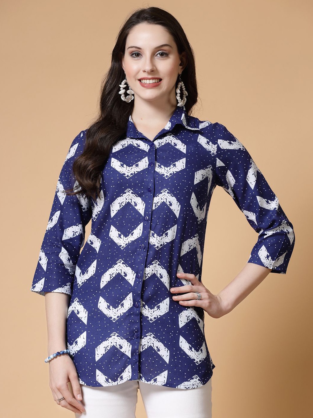 

SkyaSia Geometric Printed Spread Collar Casual Shirt, Blue