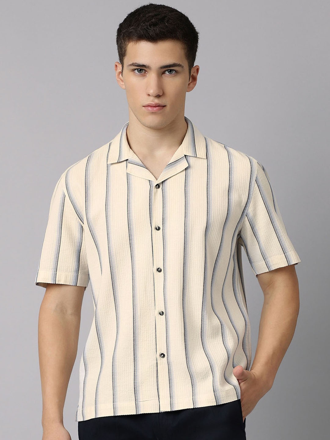 

SUBTRACT Striped Cuban Collar Boxy Comfort Fit Cotton Casual Shirt, Beige