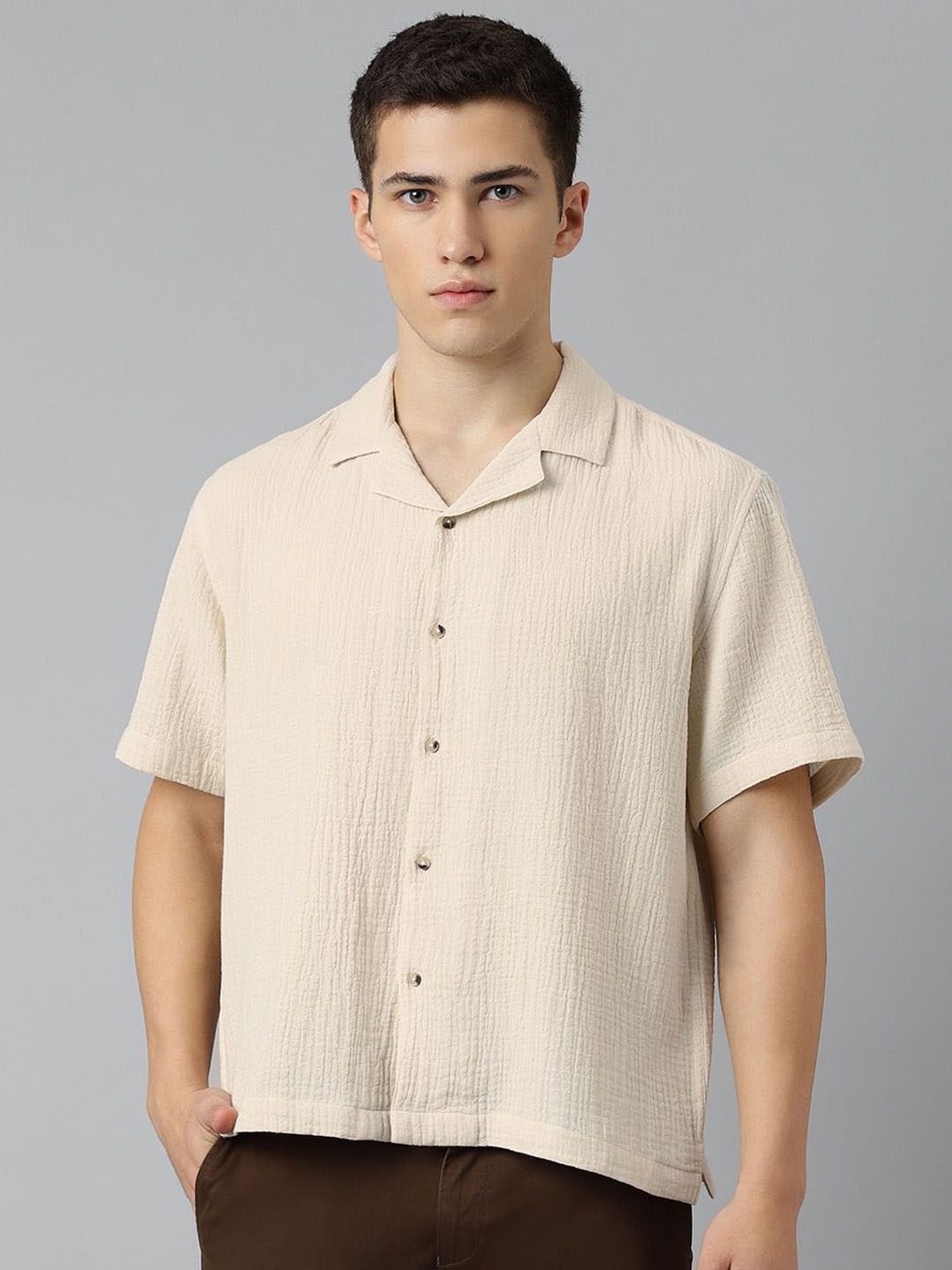 

SUBTRACT Comfort Boxy Fit Cuban Collar Seersucker Weave Pure Cotton Casual Shirt, Beige