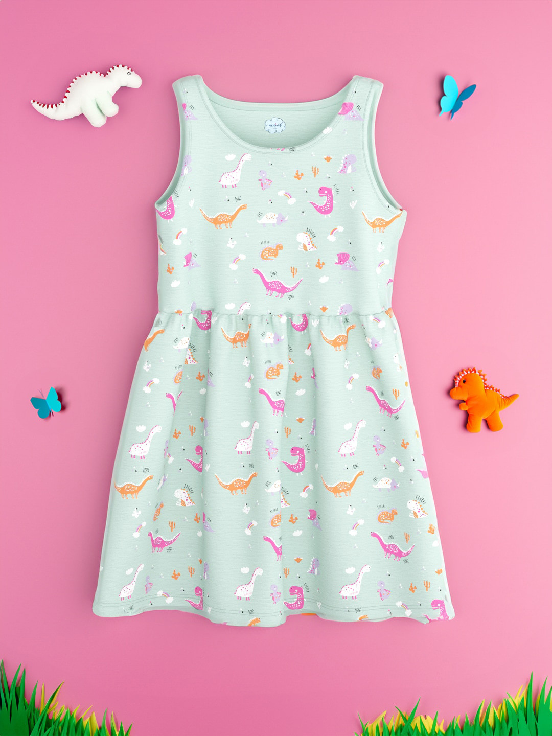 

Nauti Nati Girls Conversational Printed Gathered or Pleated Pure Cotton A-Line Dress, Blue