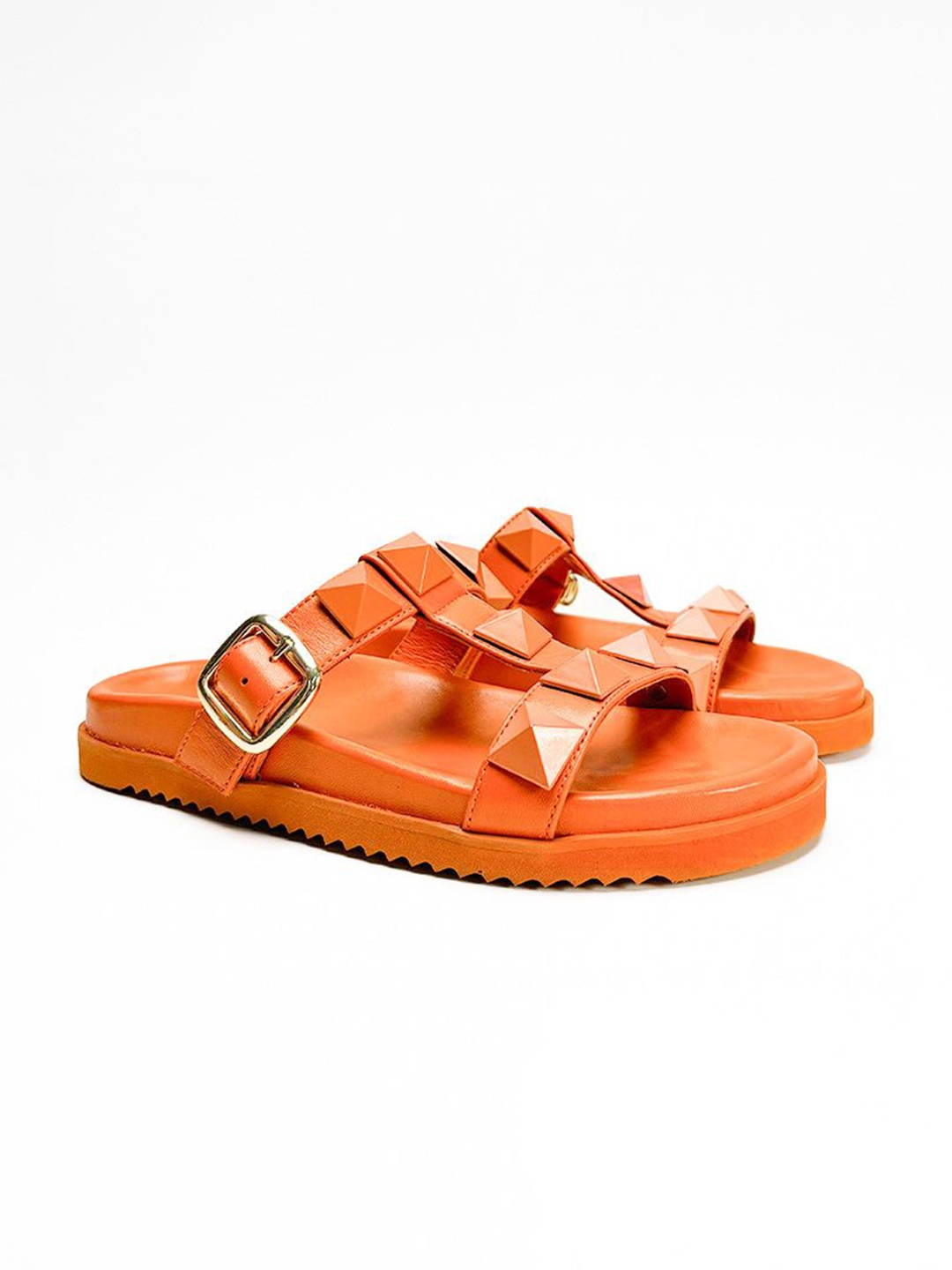 

HEEL YOUR SOLE Embellished Leather Open Toe Flats, Orange