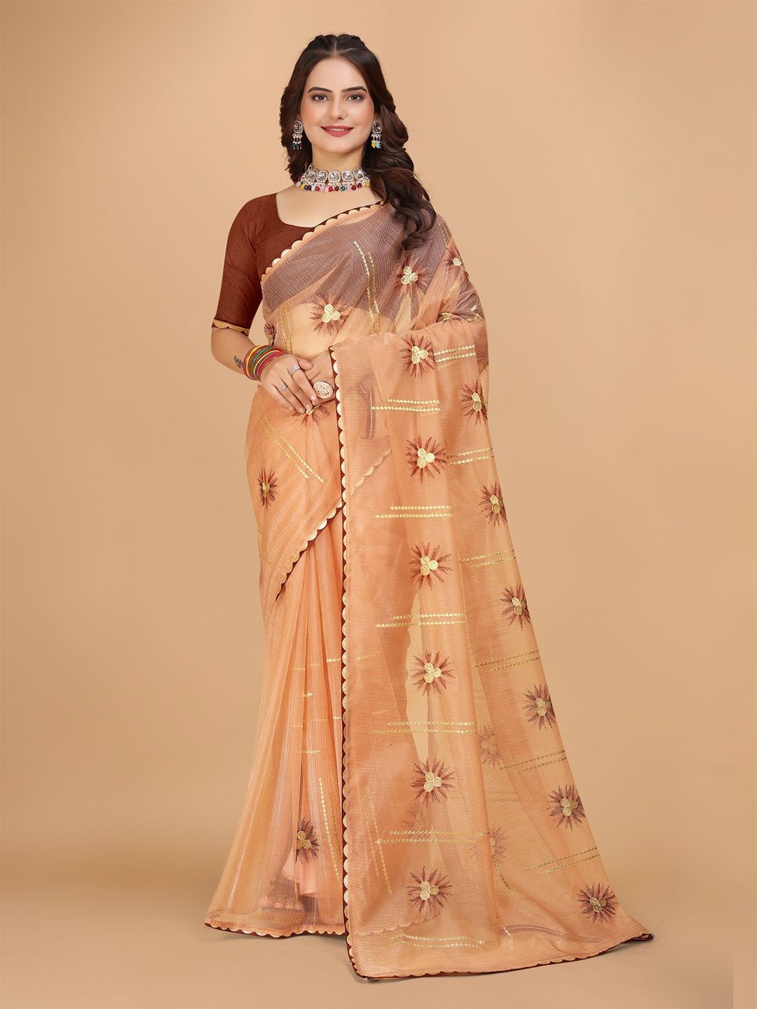 DRIZOMIZ Floral Embroidered Organza Heavy Work Ikat Saree, Orange