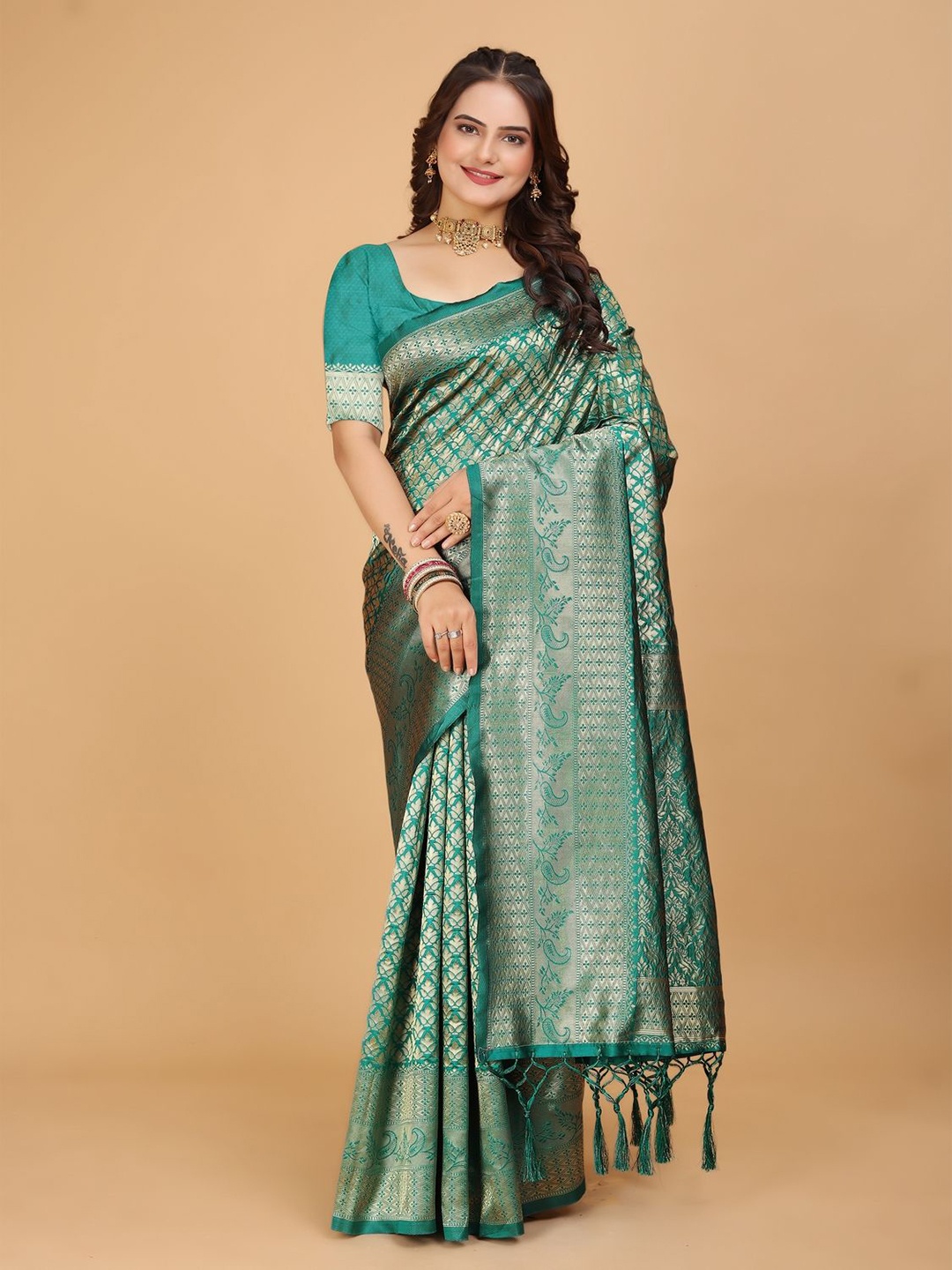 

DRIZOMIZ Woven Design Zari Ikat Saree, Teal