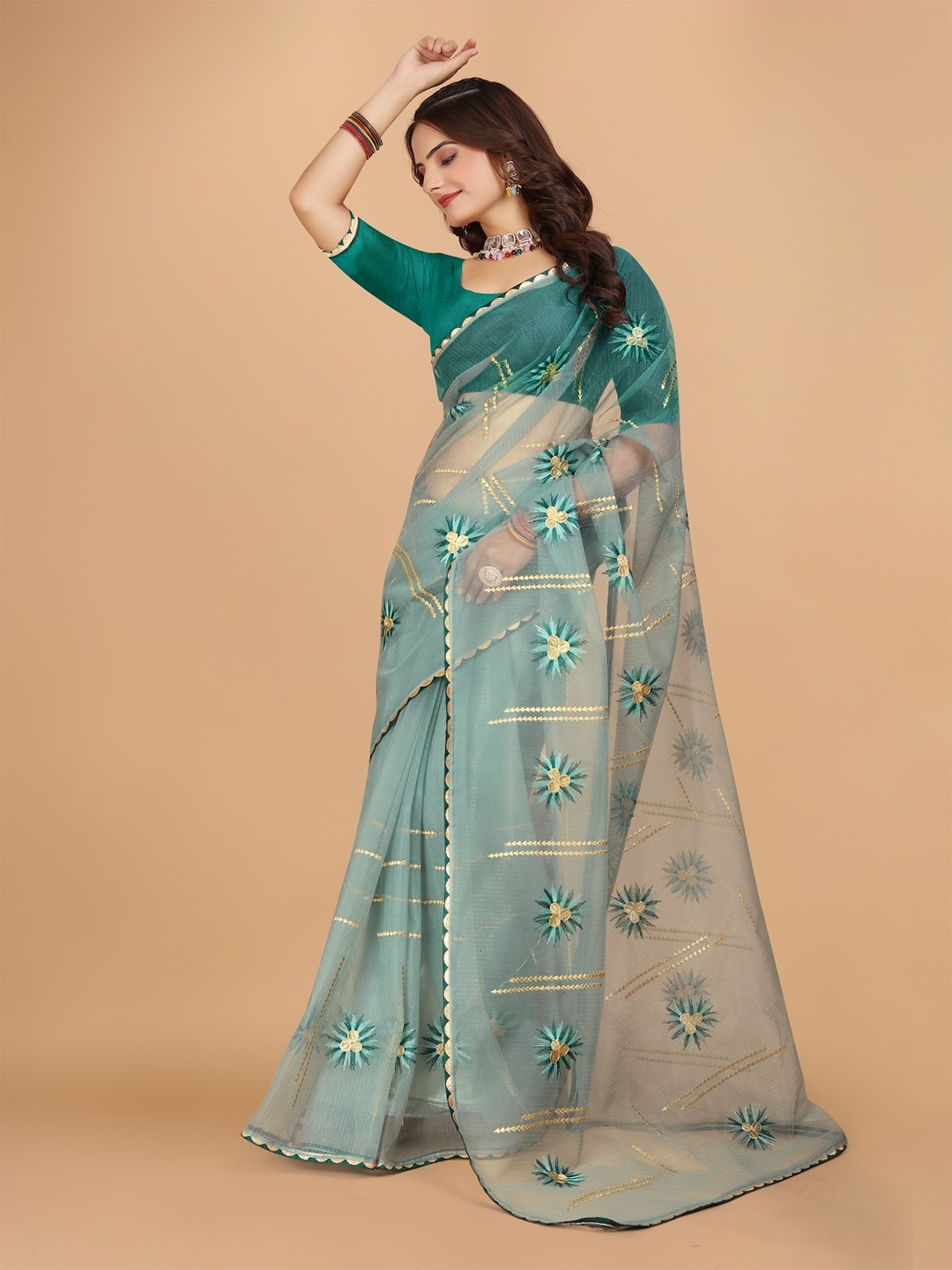 

DRIZOMIZ Floral Organza Ikat Saree, Green