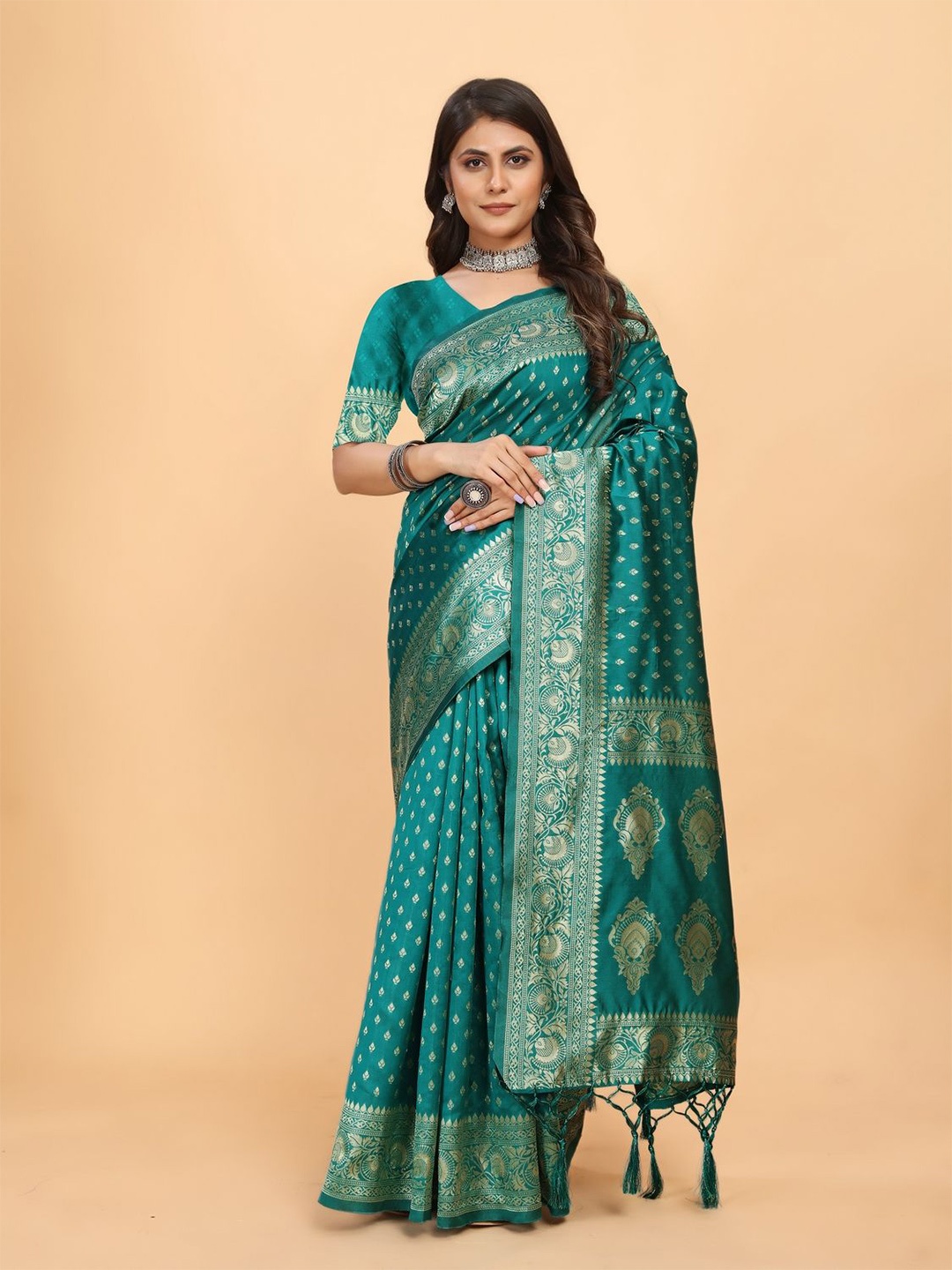 

DRIZOMIZ Woven Design Zari Ikat Saree, Teal