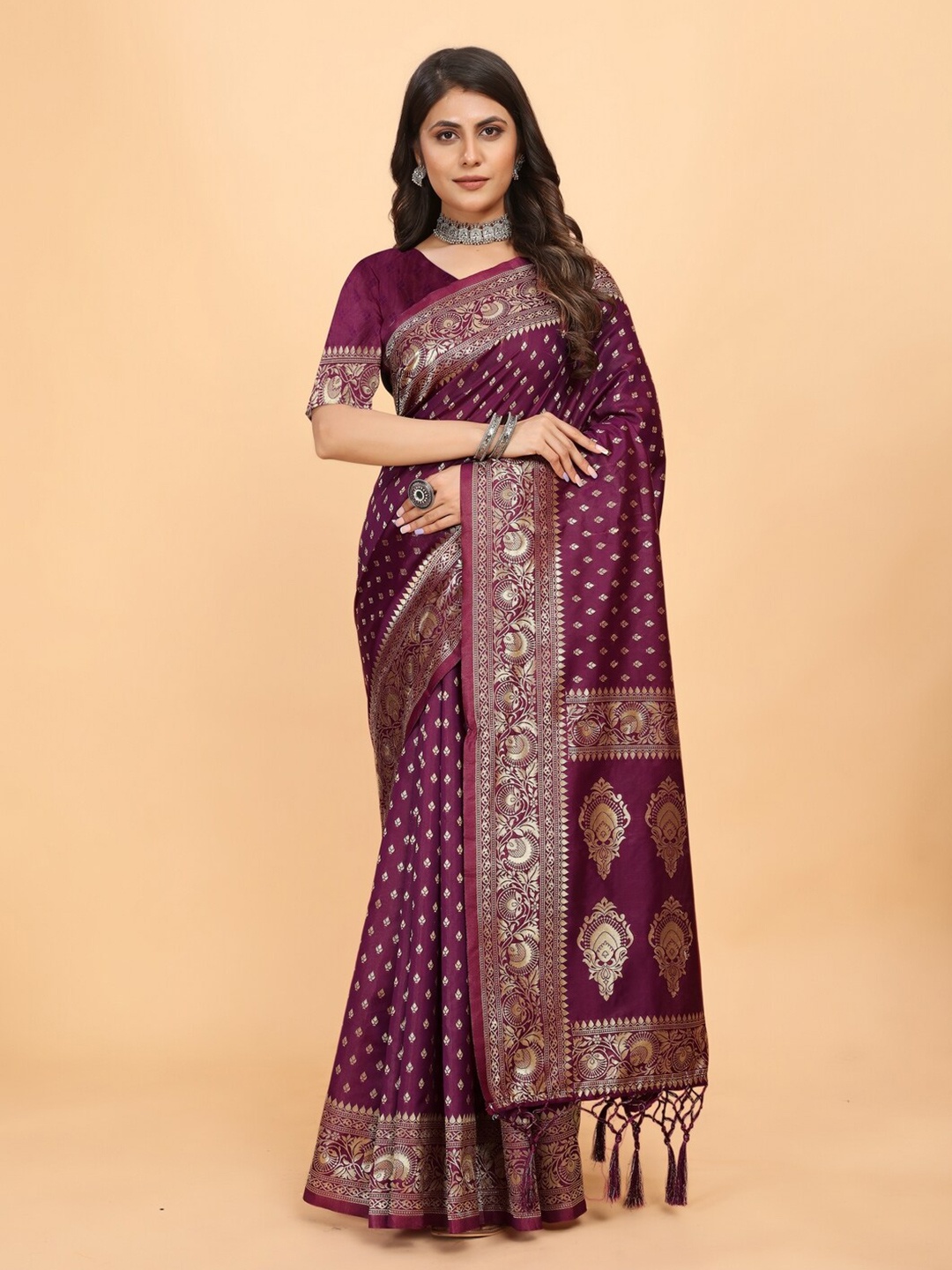 

DRIZOMIZ Woven Design Zari Ikat Saree, Purple