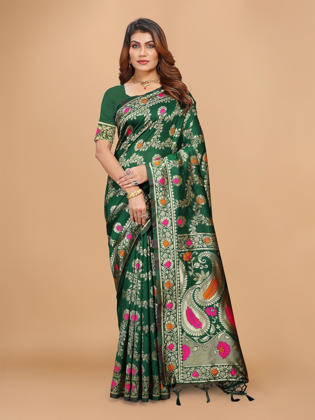 

DRIZOMIZ Woven Design Zari Ikat Saree, Green