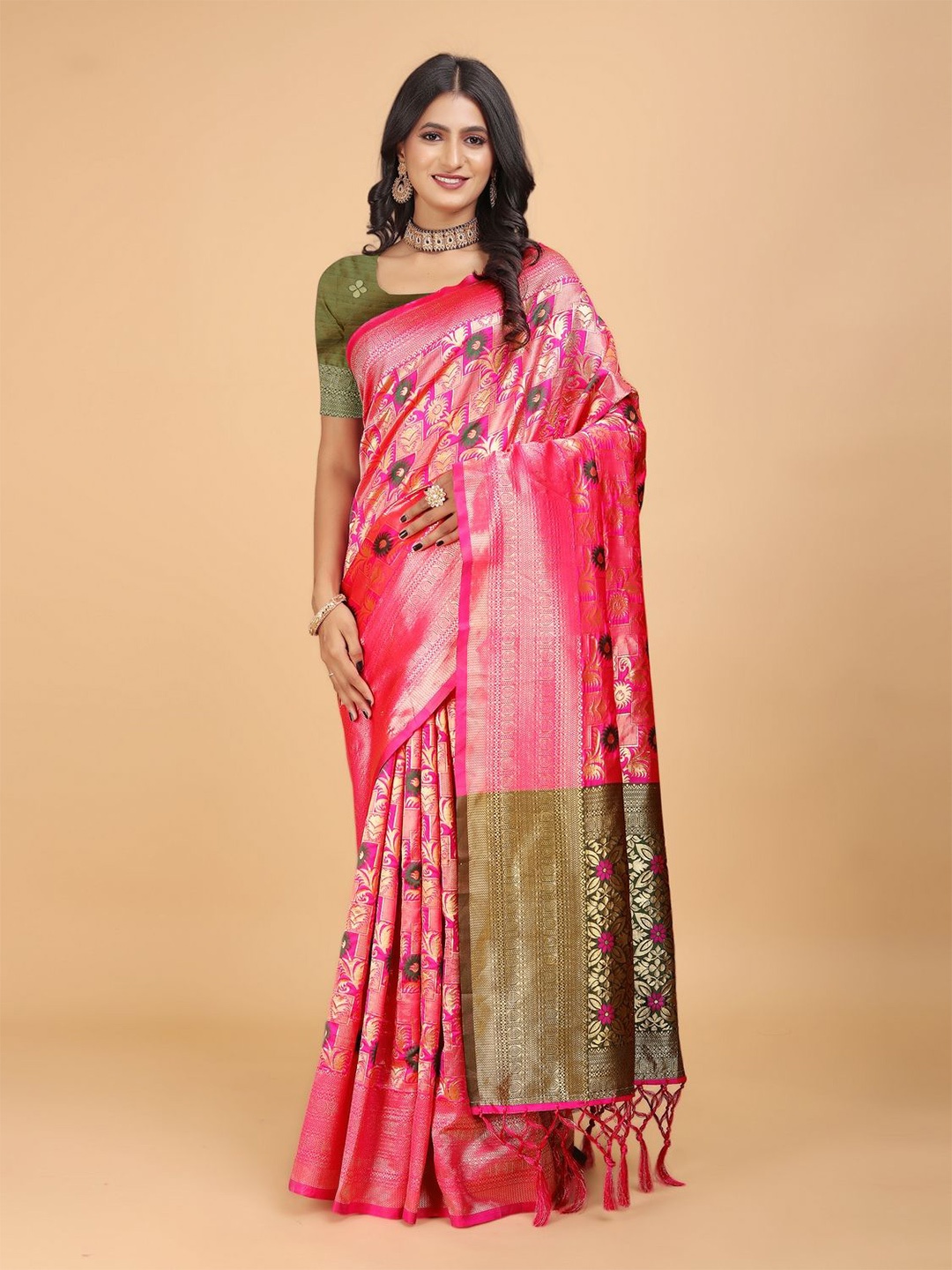 

DRIZOMIZ Woven Design Zari Ikat Saree, Pink