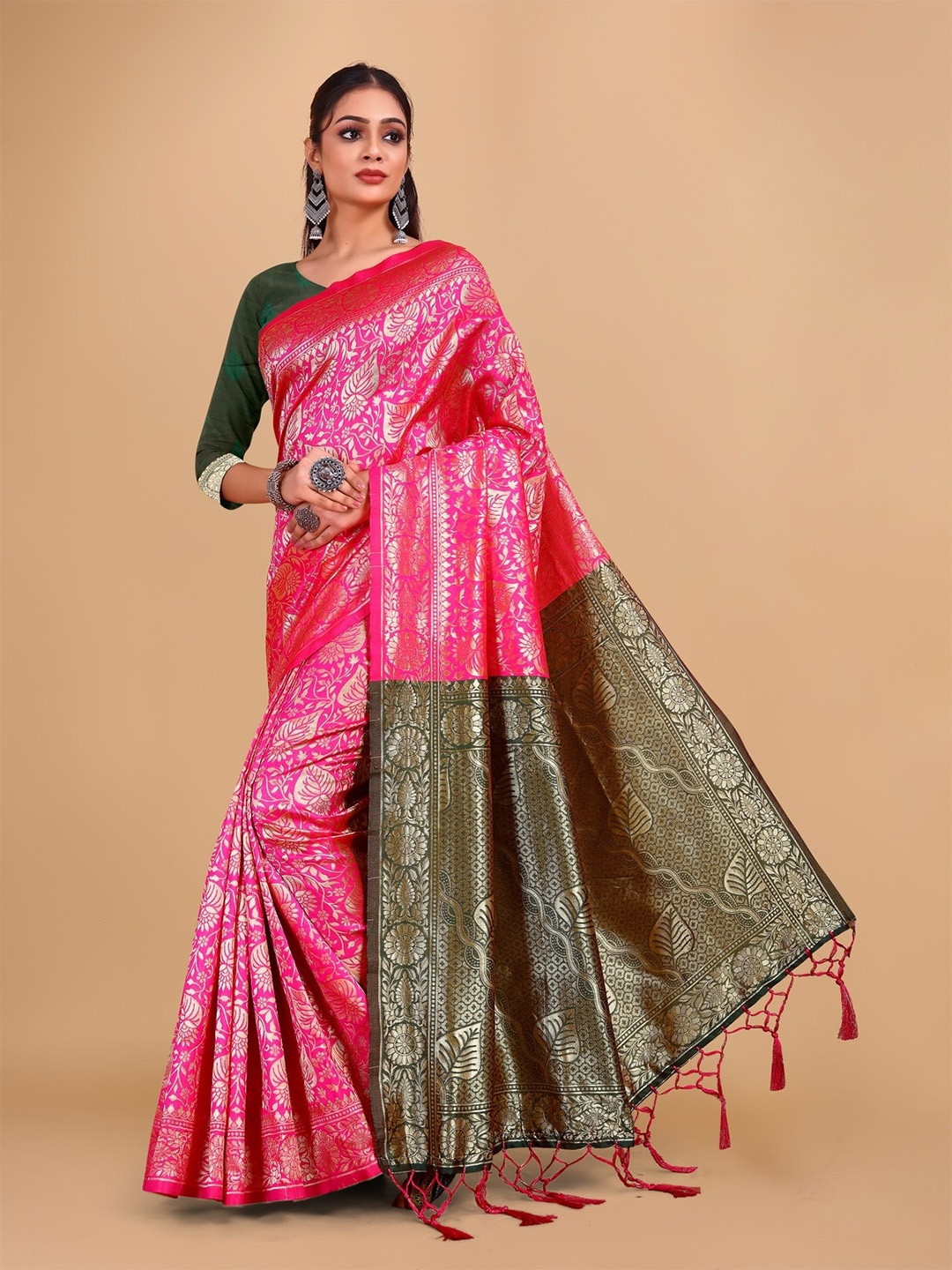 

DRIZOMIZ Woven Design Zari Heavy Work Ikat Saree, Pink