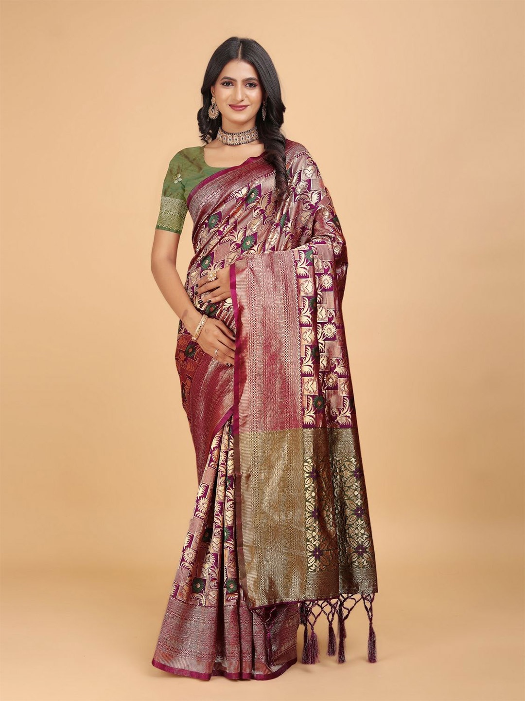 

DRIZOMIZ Woven Design Zari Ikat Saree, Purple