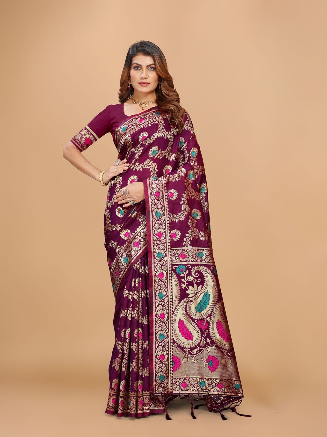 

DRIZOMIZ Woven Design Zari Ikat Saree, Purple