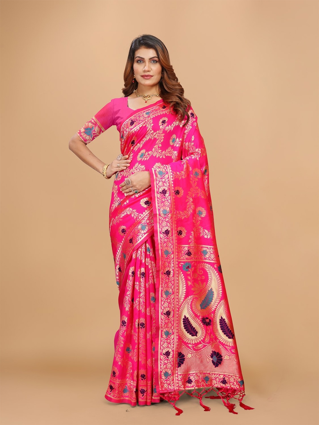 

DRIZOMIZ Woven Design Zari Heavy Work Ikat Saree, Pink