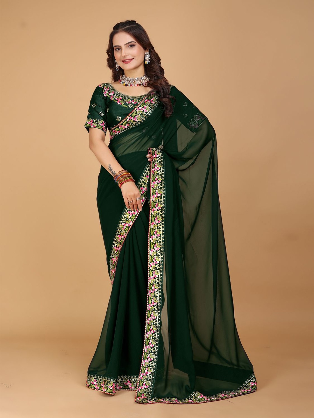 

DRIZOMIZ Floral Embroidered Pure Georgette Ikat Saree, Green