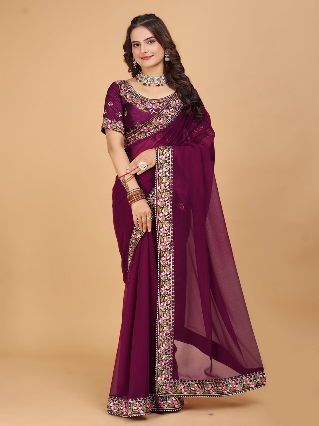 

DRIZOMIZ Embroidered Pure Georgette Saree, Purple