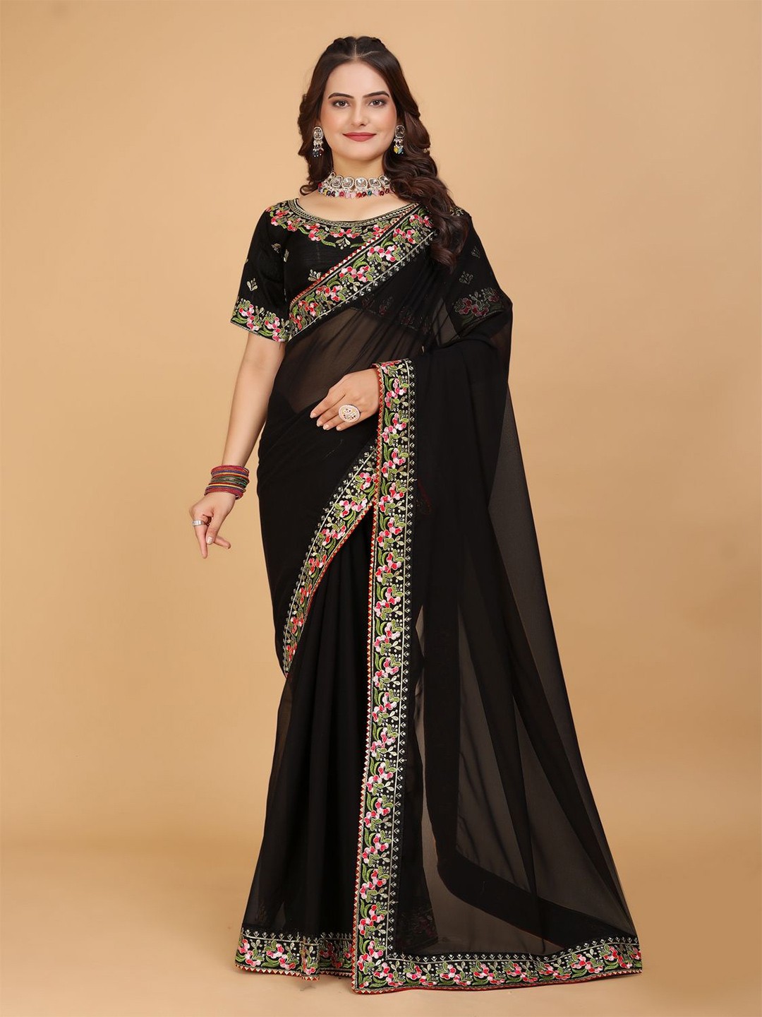 

DRIZOMIZ Embroidered Pure Georgette Heavy Work Saree, Black