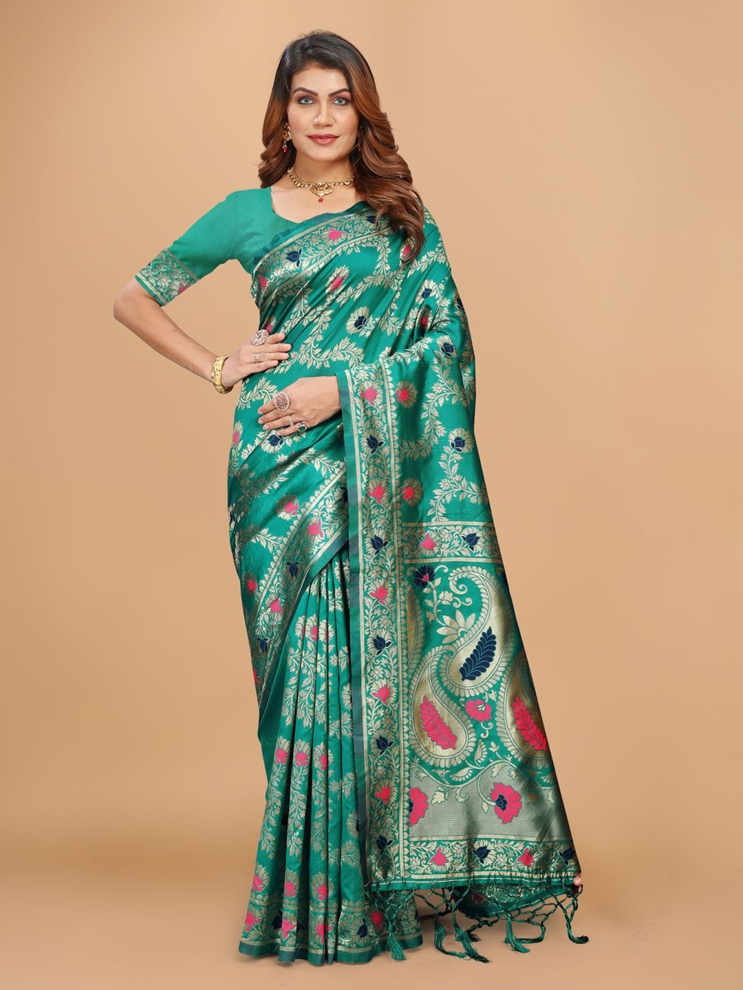 

DRIZOMIZ Ethnic Motifs Zari Ikat Saree, Teal