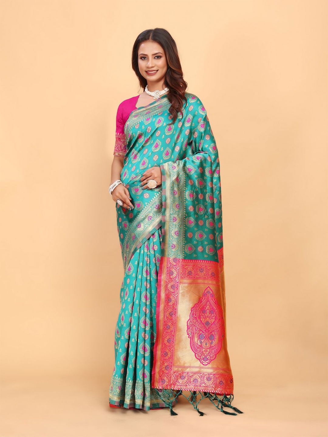 

DRIZOMIZ Woven Design Zari Art Silk Heavy Work Ikat Saree, Teal