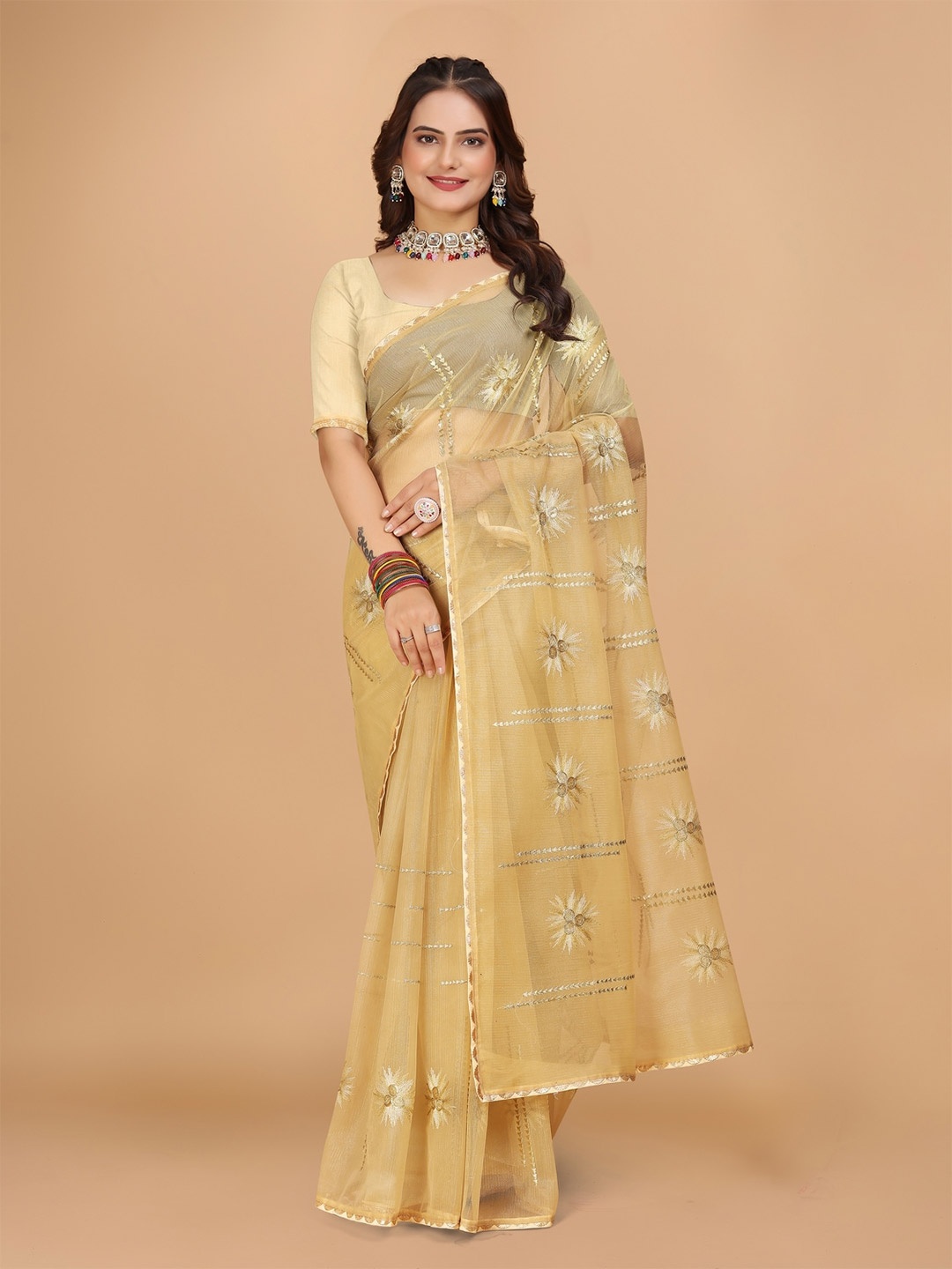 

DRIZOMIZ Floral Organza Heavy Work Ikat Saree, Cream